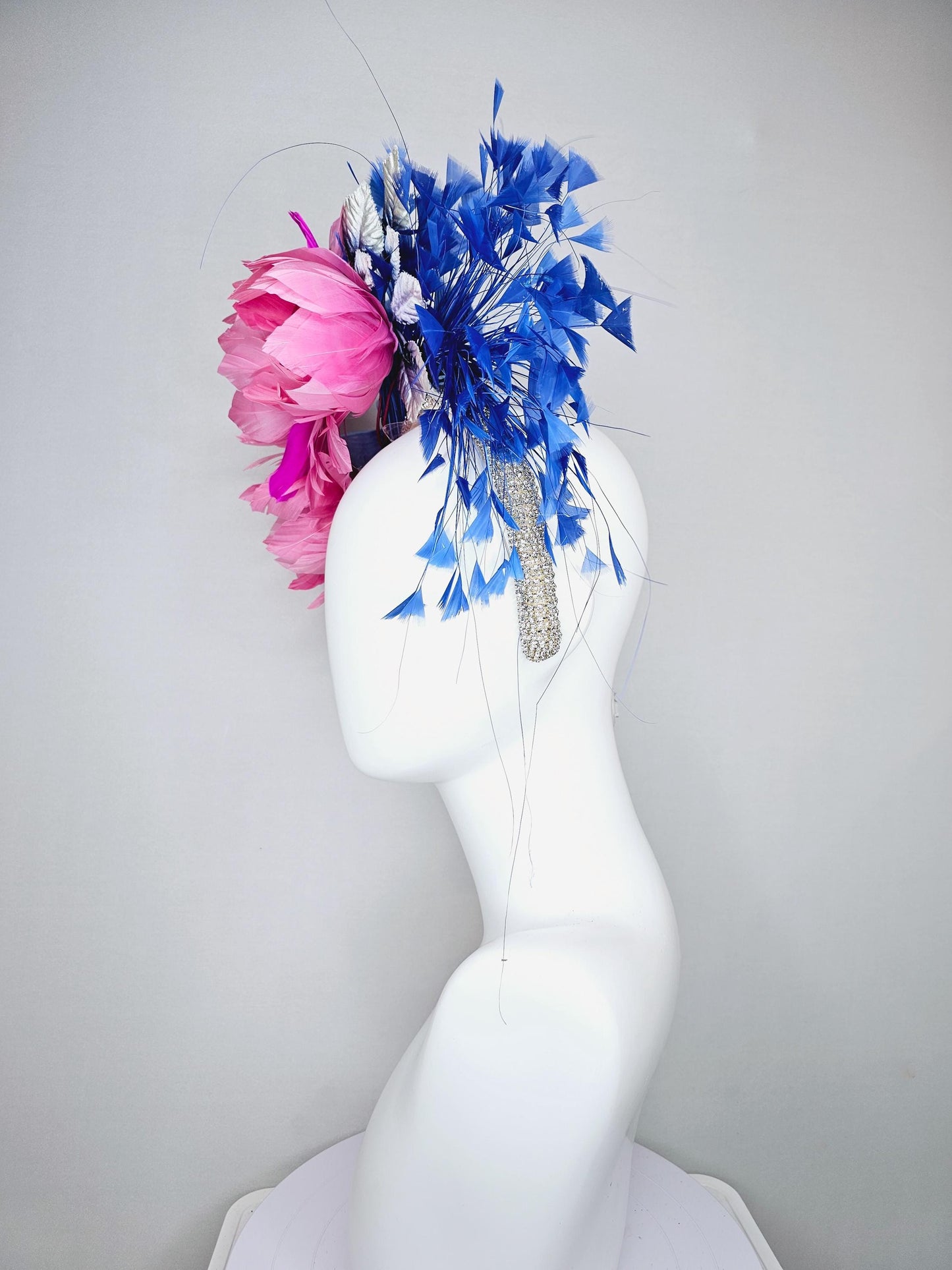 kentucky derby hat fascinator rhinestone crystal headband with branching royal blue feathers and pink feathers flowers with purple feathers