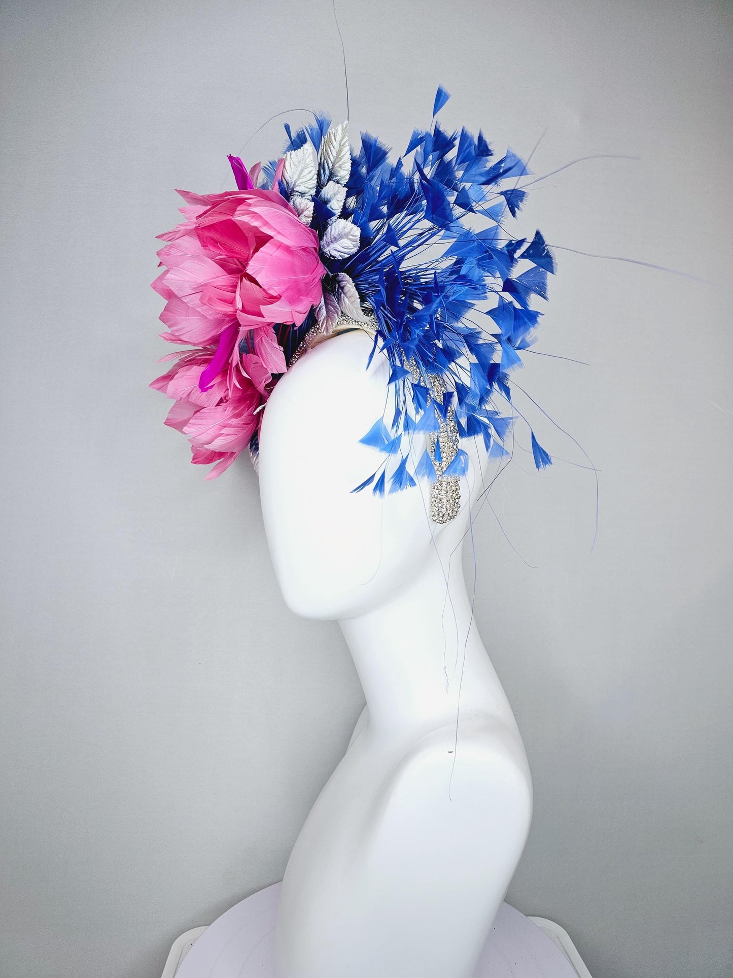 kentucky derby hat fascinator rhinestone crystal headband with branching royal blue feathers and pink feathers flowers with purple feathers