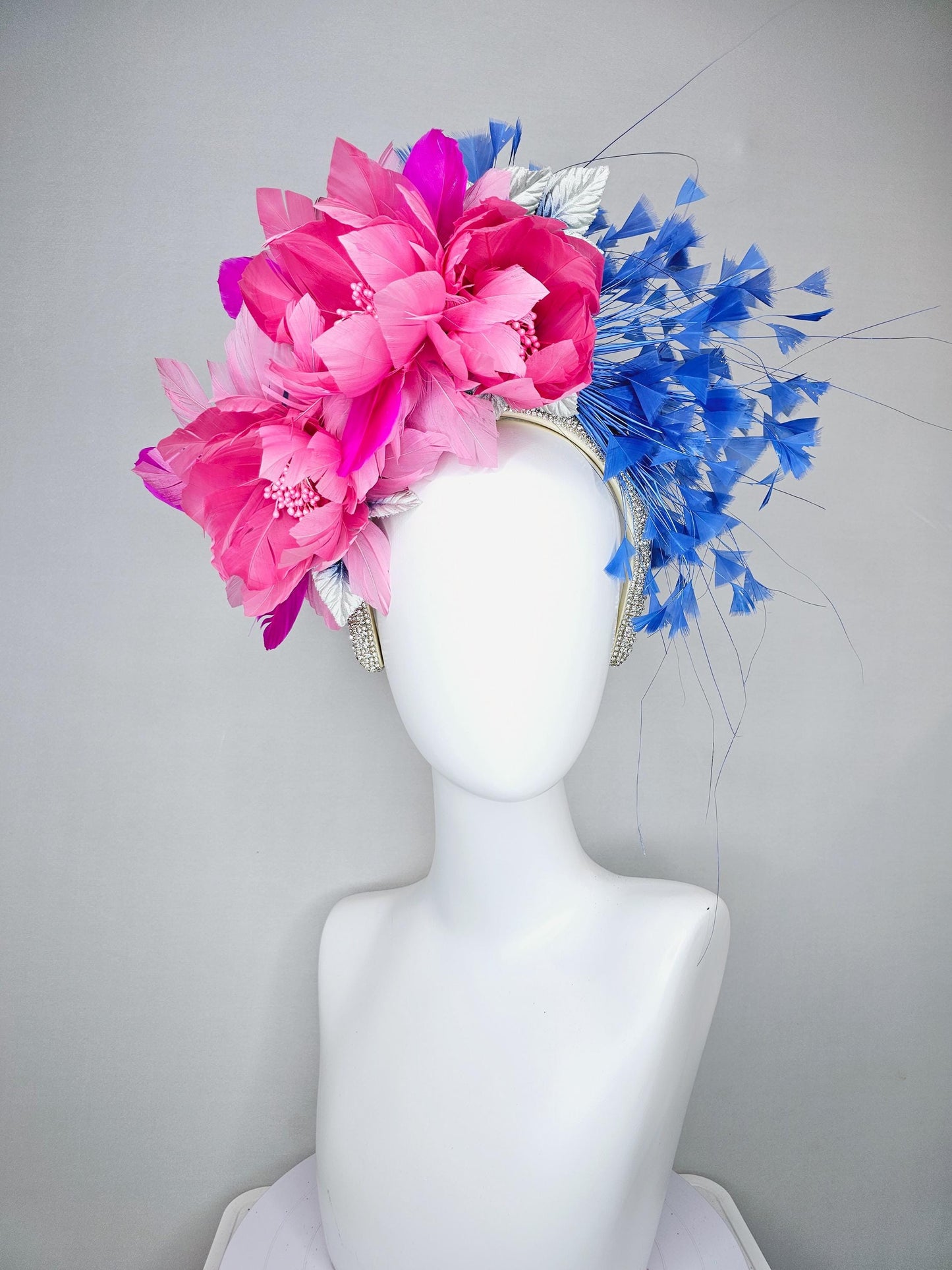 kentucky derby hat fascinator rhinestone crystal headband with branching royal blue feathers and pink feathers flowers with purple feathers