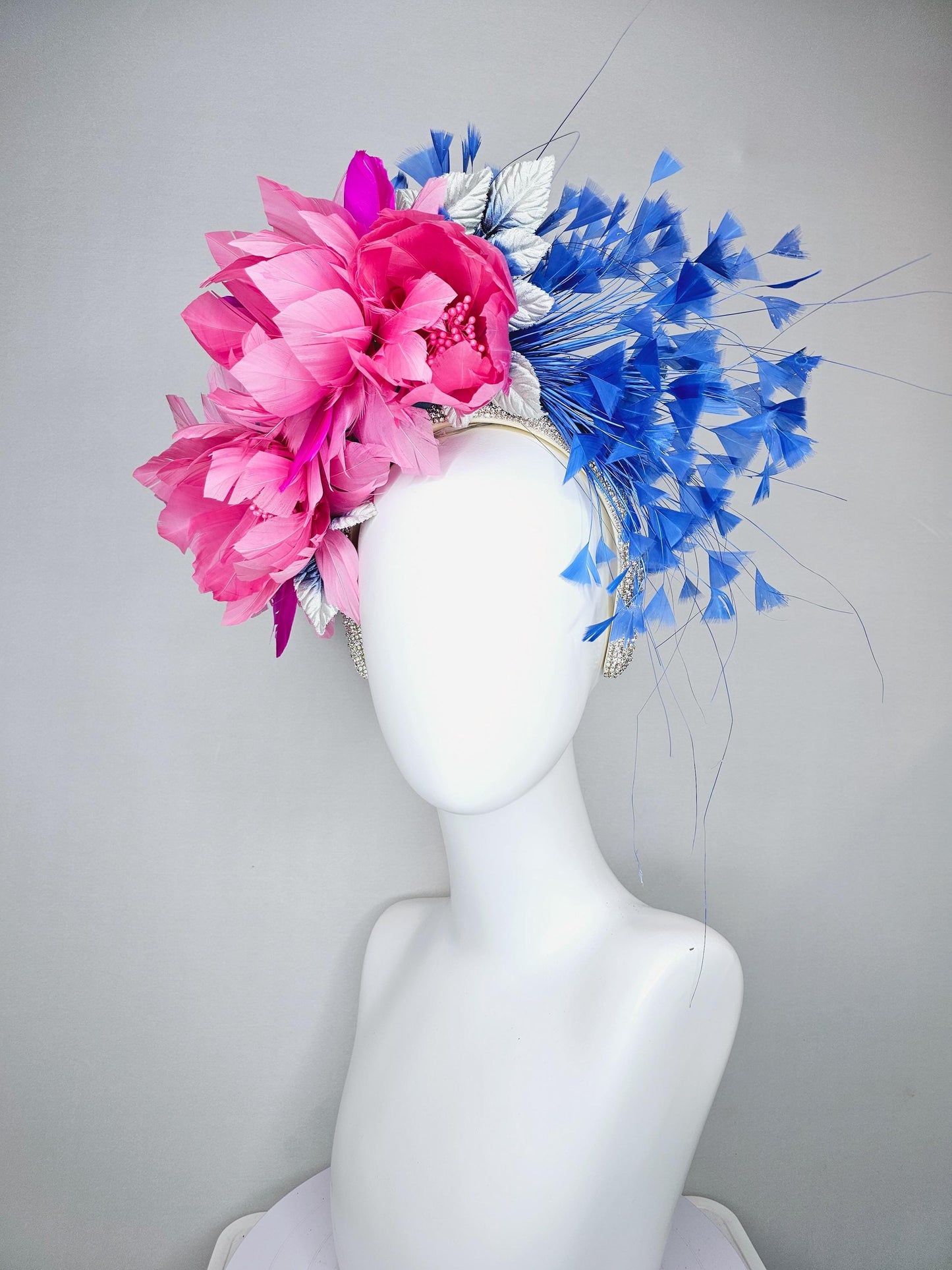 kentucky derby hat fascinator rhinestone crystal headband with branching royal blue feathers and pink feathers flowers with purple feathers