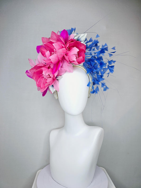 kentucky derby hat fascinator rhinestone crystal headband with branching royal blue feathers and pink feathers flowers with purple feathers