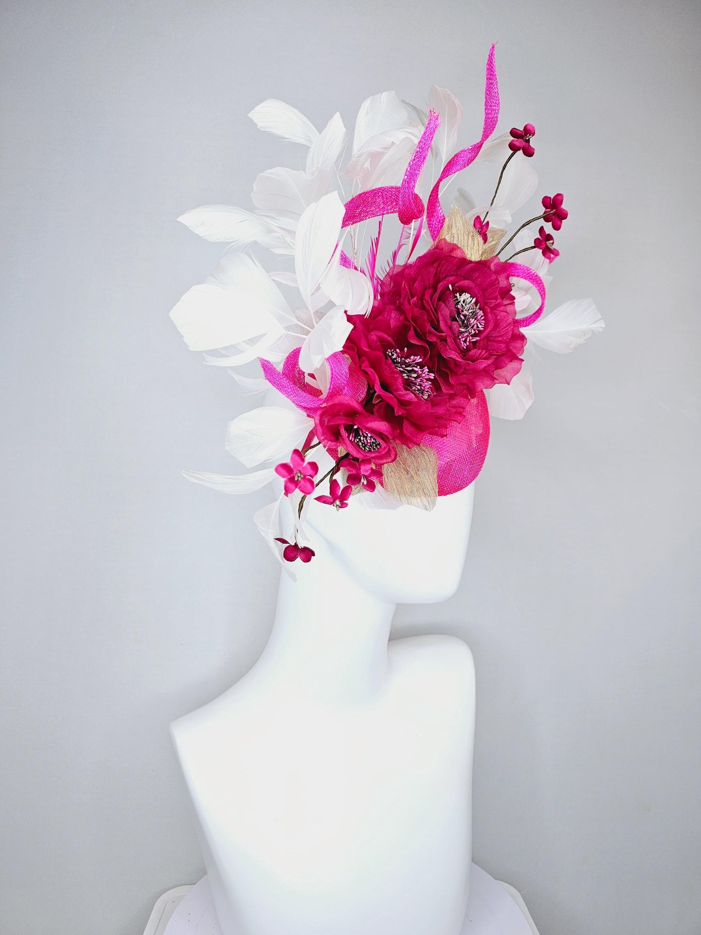 kentucky derby hat fascinator magenta fuchsia pink sinamay with fuchsia pink organza flowers beaded core,white feathers and pink curls