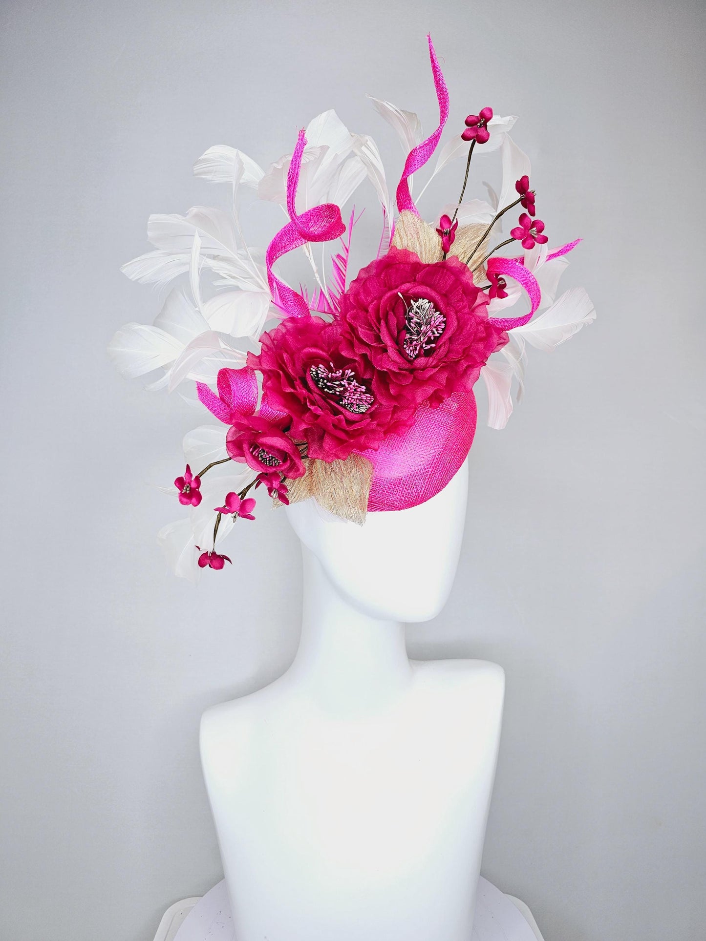 kentucky derby hat fascinator magenta fuchsia pink sinamay with fuchsia pink organza flowers beaded core,white feathers and pink curls