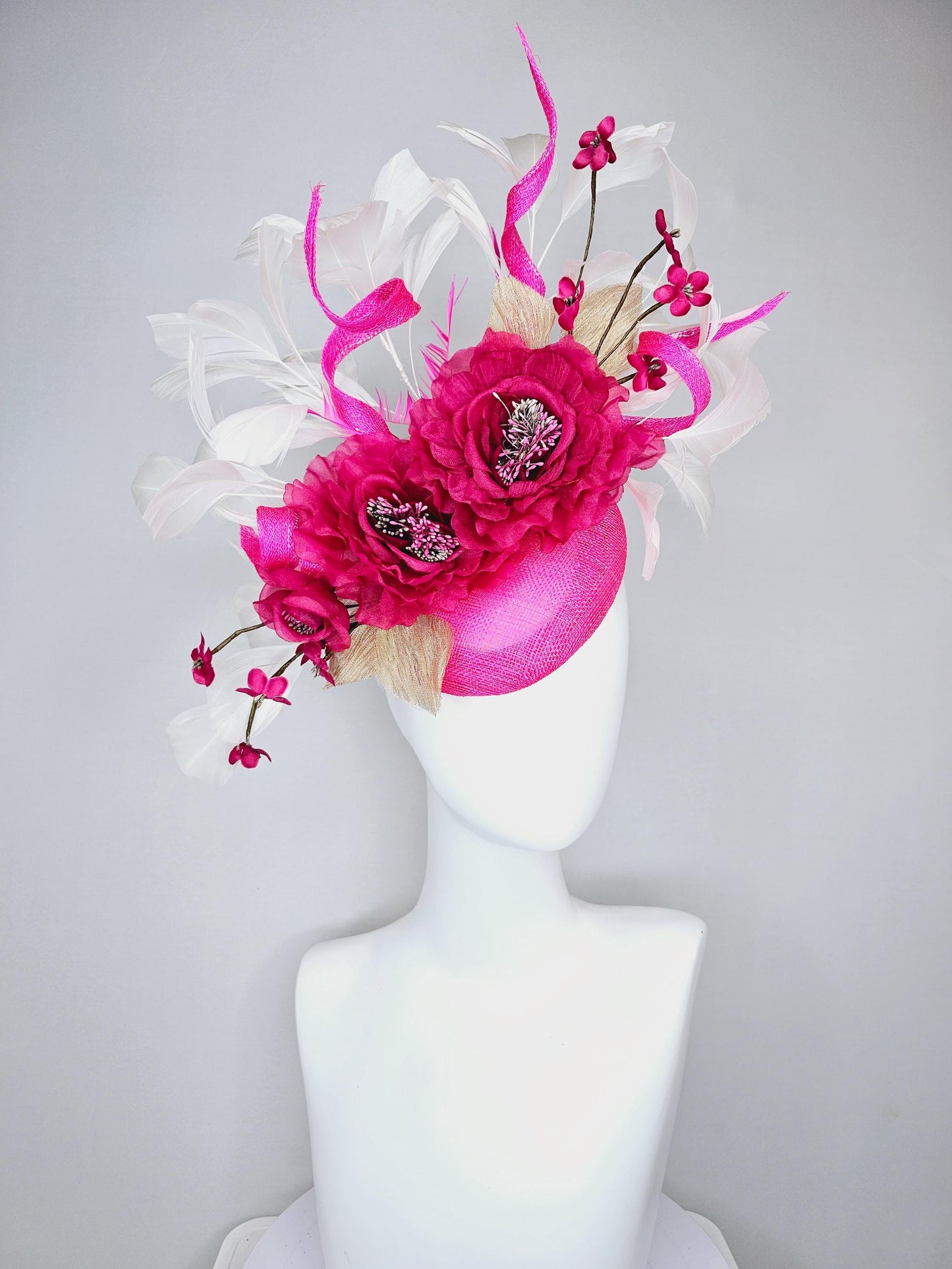 kentucky derby hat fascinator magenta fuchsia pink sinamay with fuchsia pink organza flowers beaded core,white feathers and pink curls