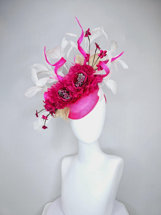 kentucky derby hat fascinator magenta fuchsia pink sinamay with fuchsia pink organza flowers beaded core,white feathers and pink curls