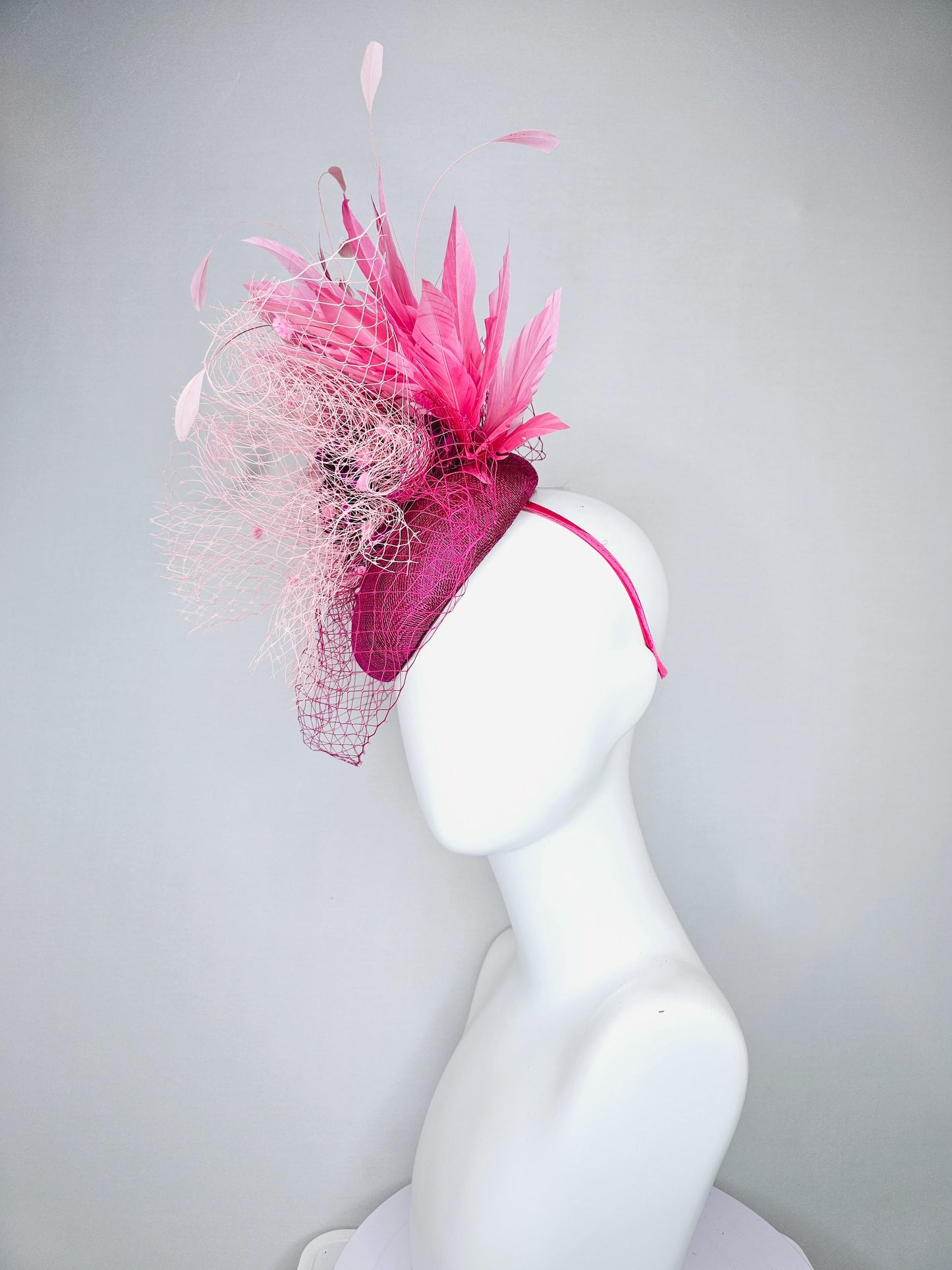 kentucky derby hat fascinator violet purple sinamay with pink feathers and purple satin rose flower with light pink and purple netting