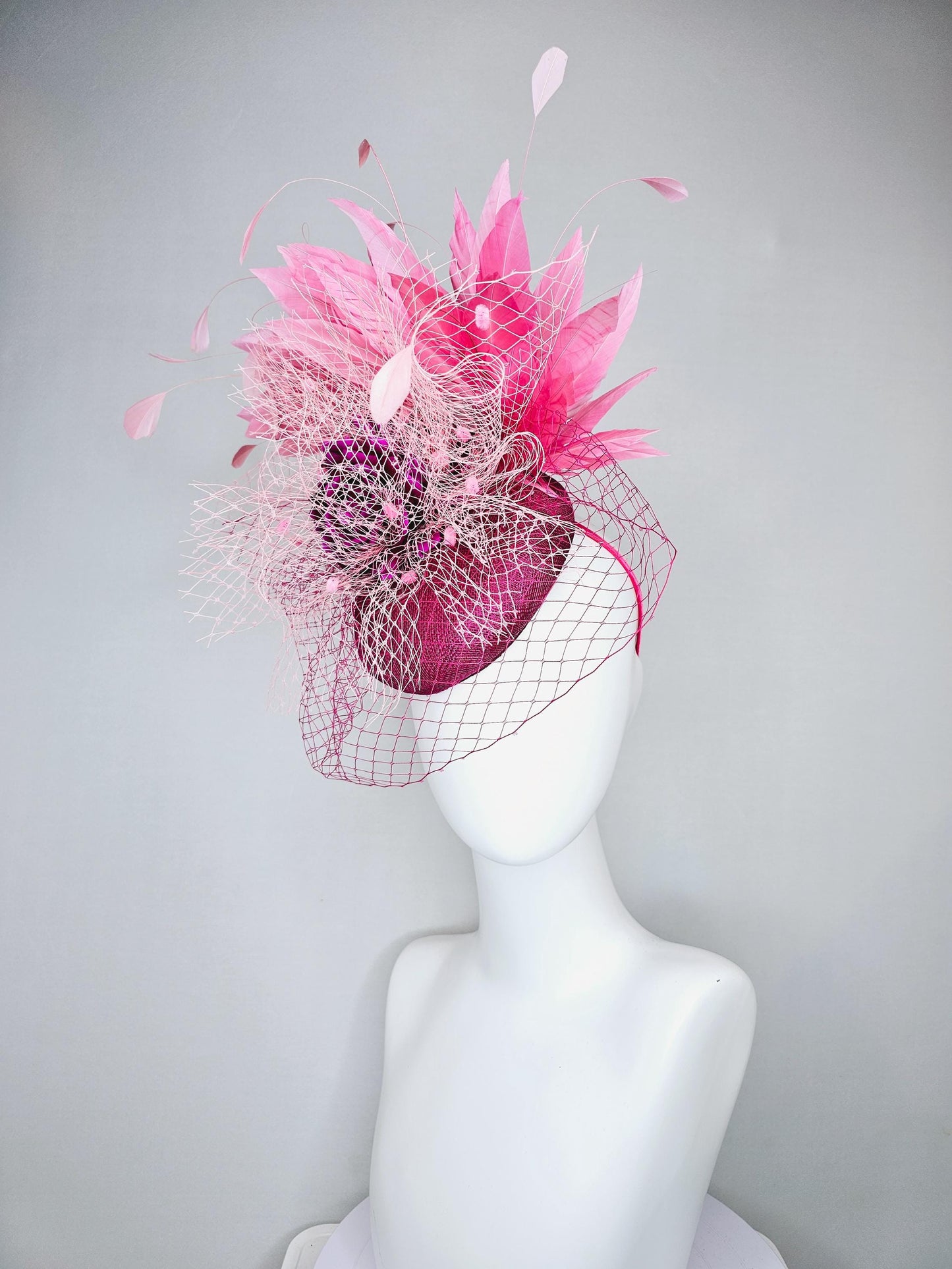 kentucky derby hat fascinator violet purple sinamay with pink feathers and purple satin rose flower with light pink and purple netting