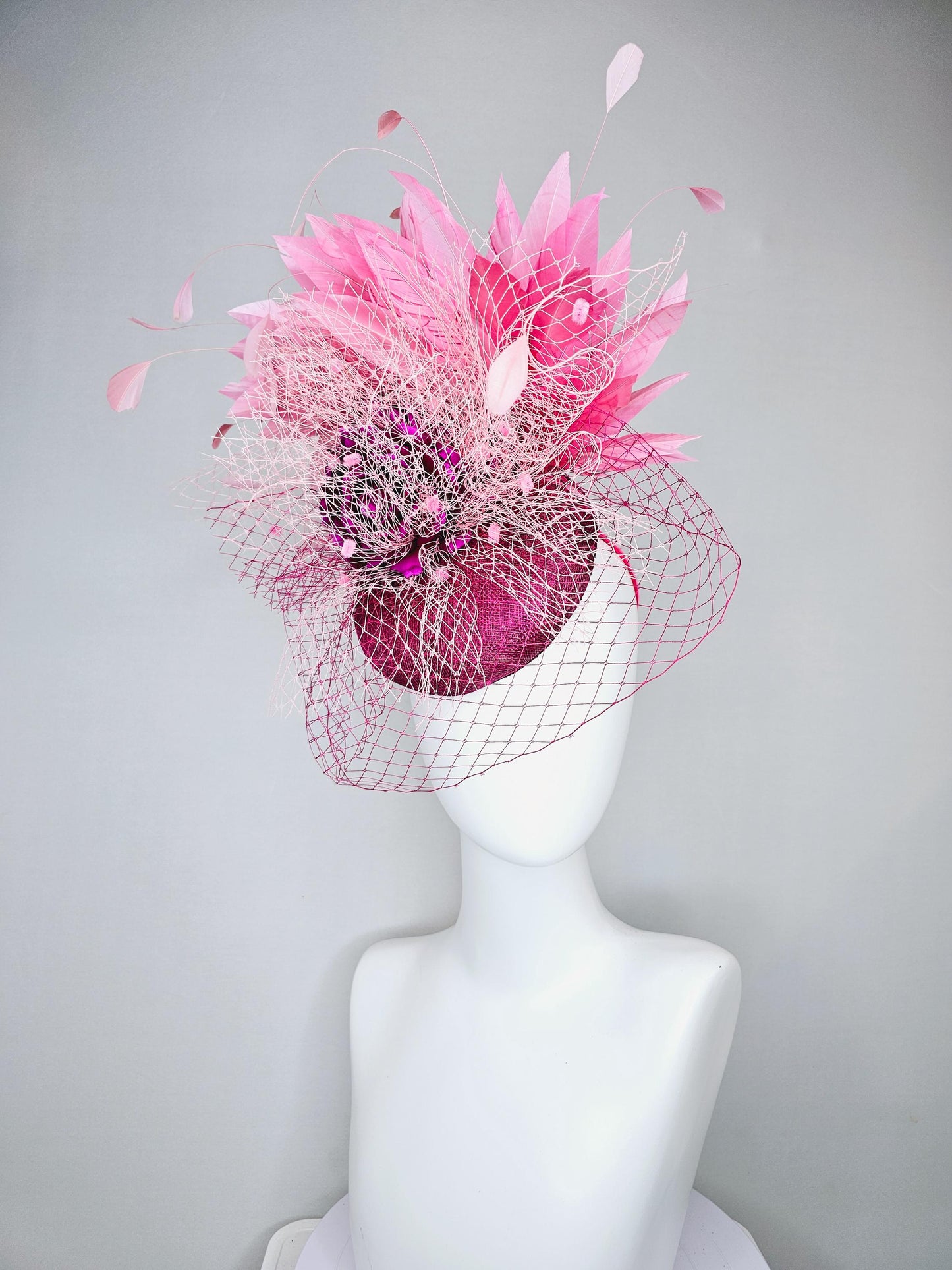 kentucky derby hat fascinator violet purple sinamay with pink feathers and purple satin rose flower with light pink and purple netting