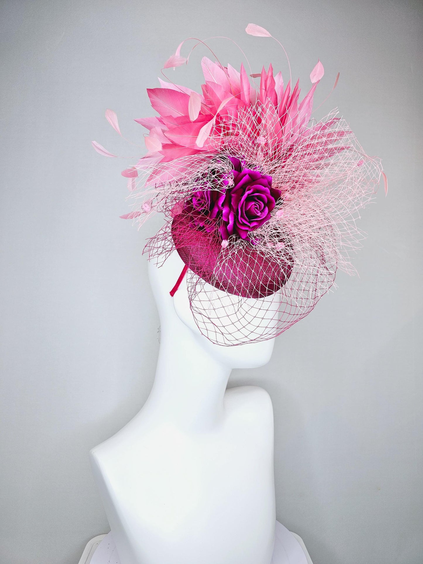 kentucky derby hat fascinator violet purple sinamay with pink feathers and purple satin rose flower with light pink and purple netting