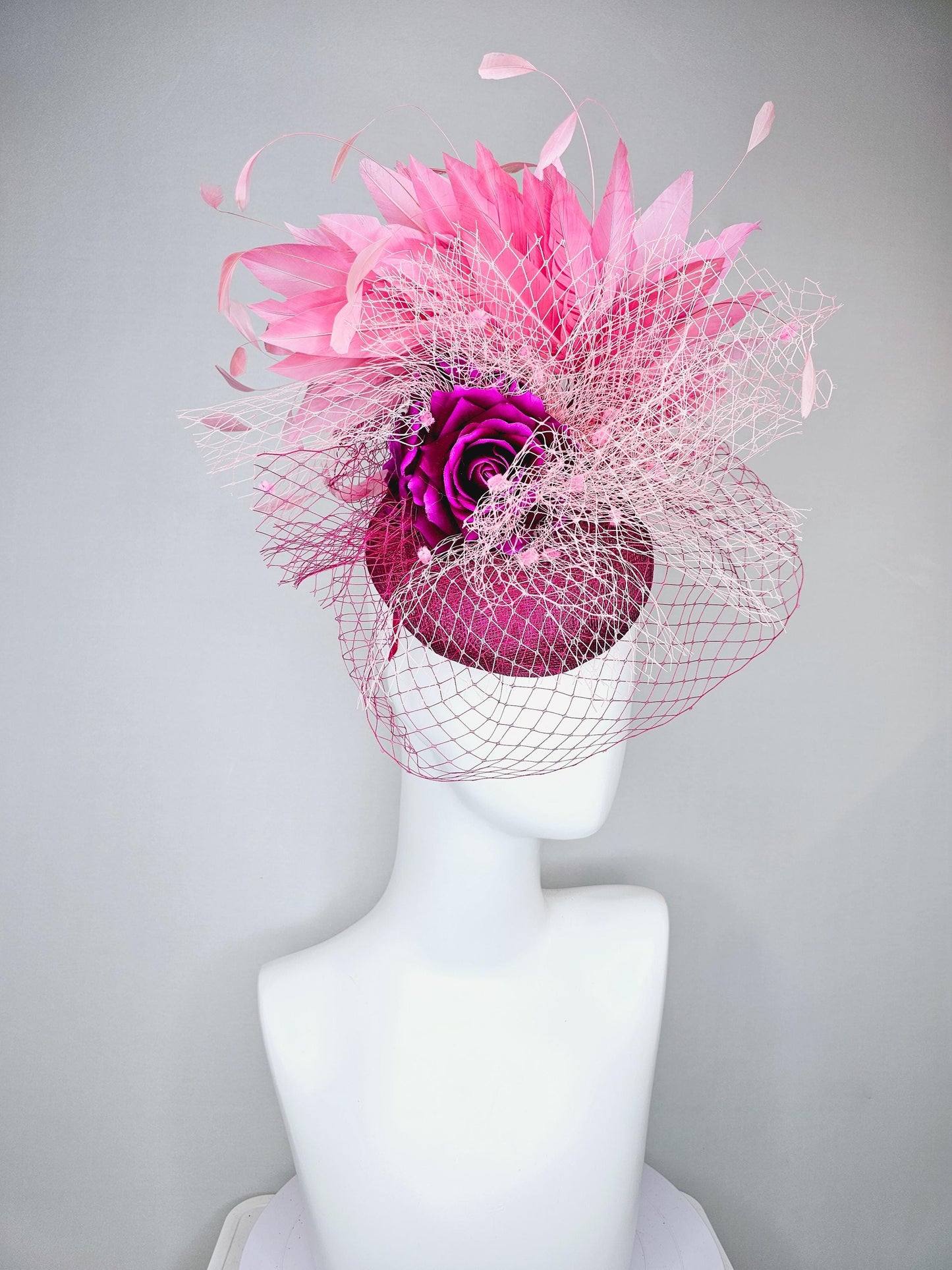 kentucky derby hat fascinator violet purple sinamay with pink feathers and purple satin rose flower with light pink and purple netting