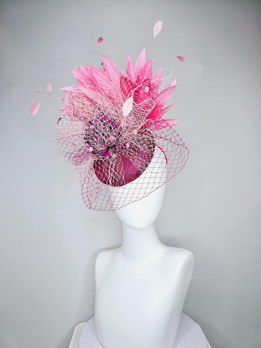 kentucky derby hat fascinator violet purple sinamay with pink feathers and purple satin rose flower with light pink and purple netting