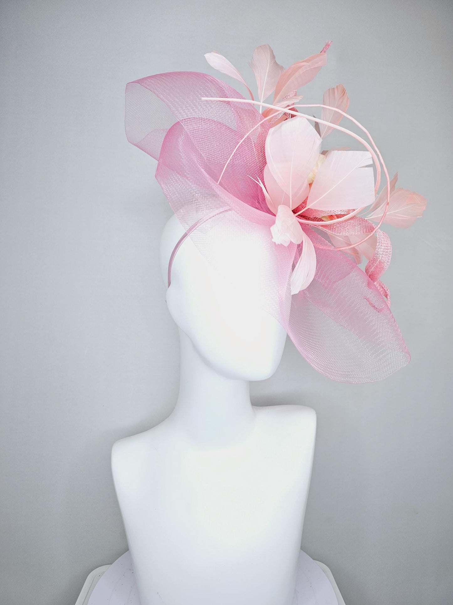 kentucky derby hat fascinator blush light pink branching feathers with light pink netting and satin organza taupe champagne rose flower