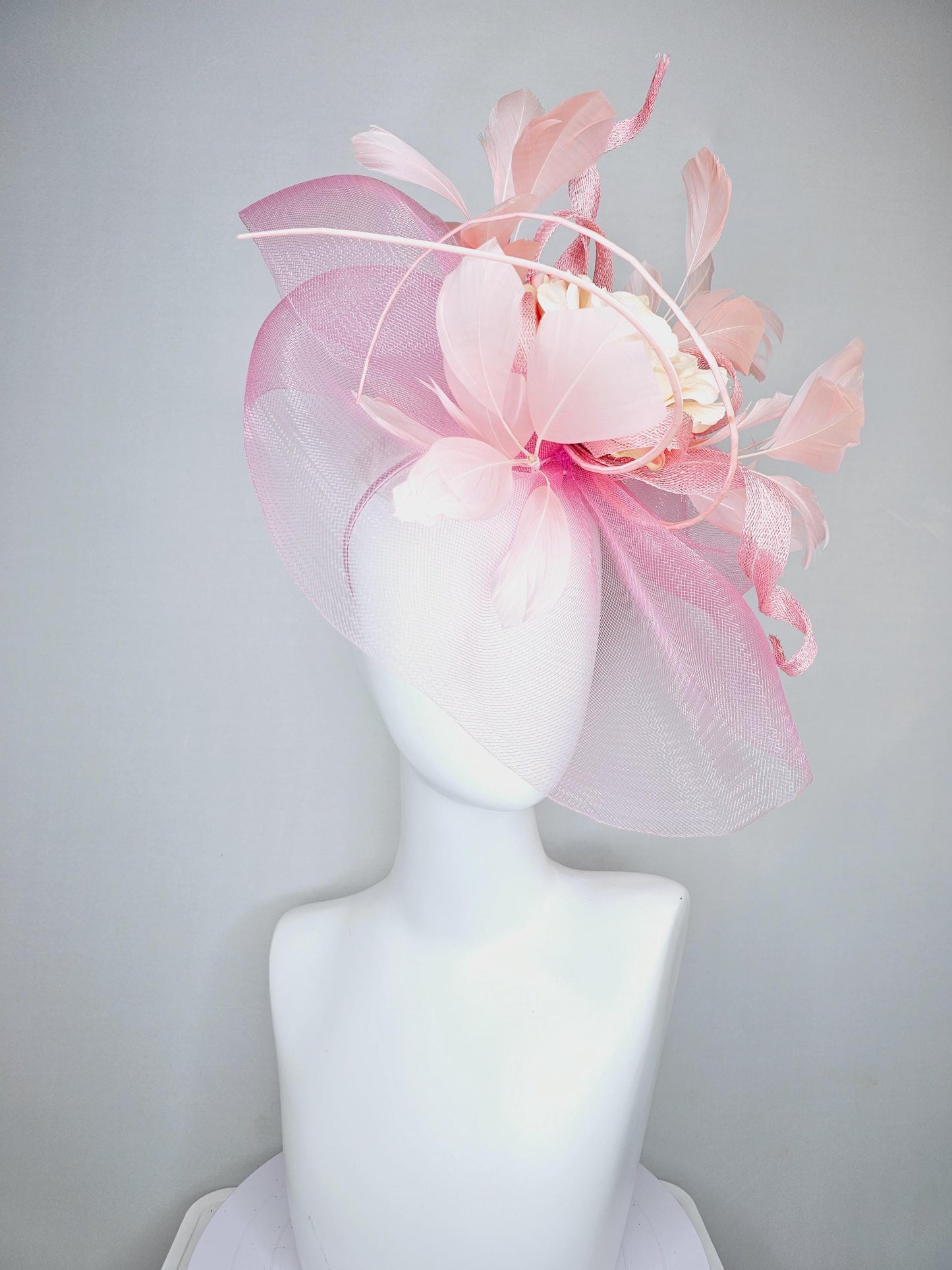 kentucky derby hat fascinator blush light pink branching feathers with light pink netting and satin organza taupe champagne rose flower