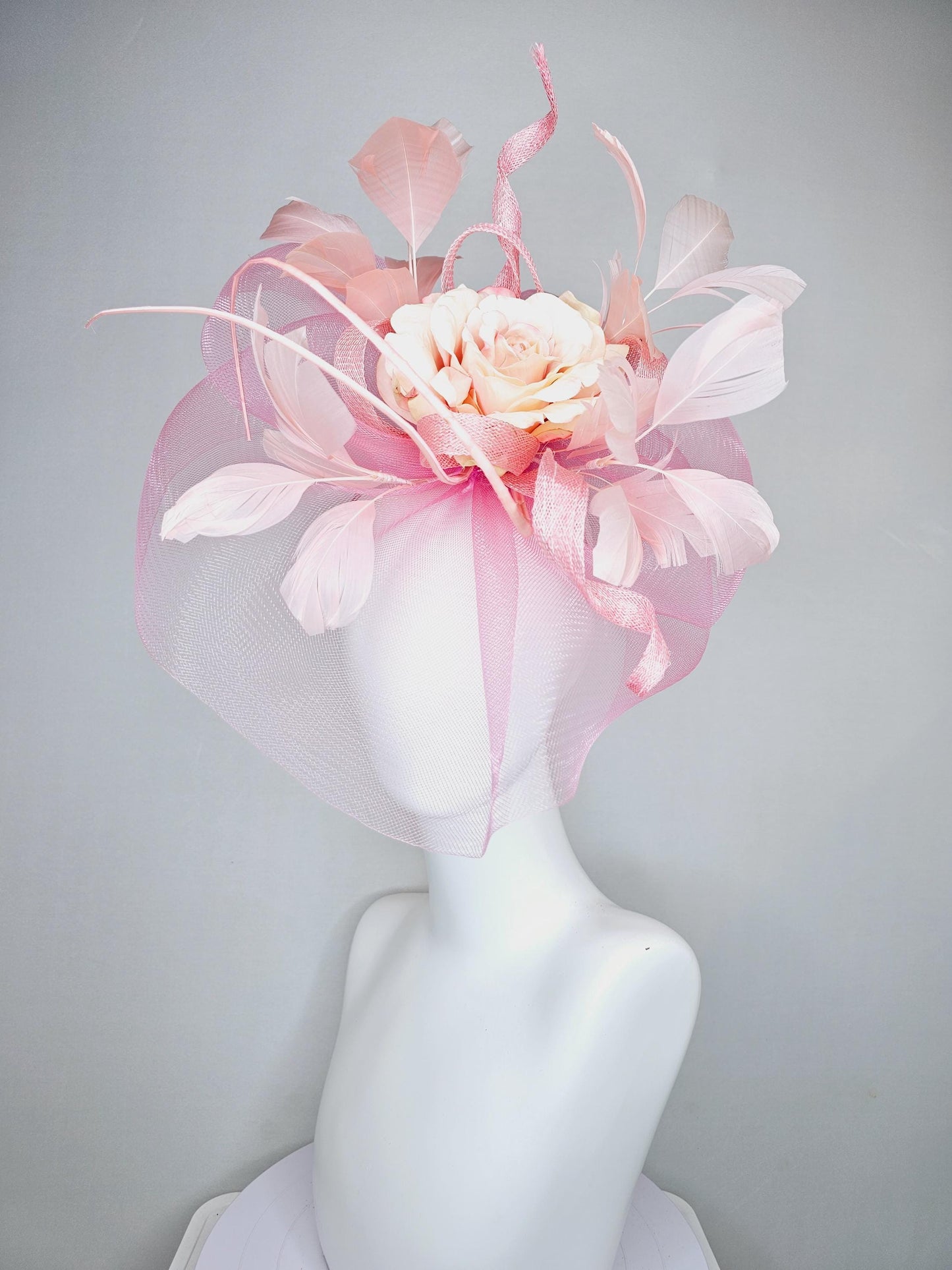 kentucky derby hat fascinator blush light pink branching feathers with light pink netting and satin organza taupe champagne rose flower