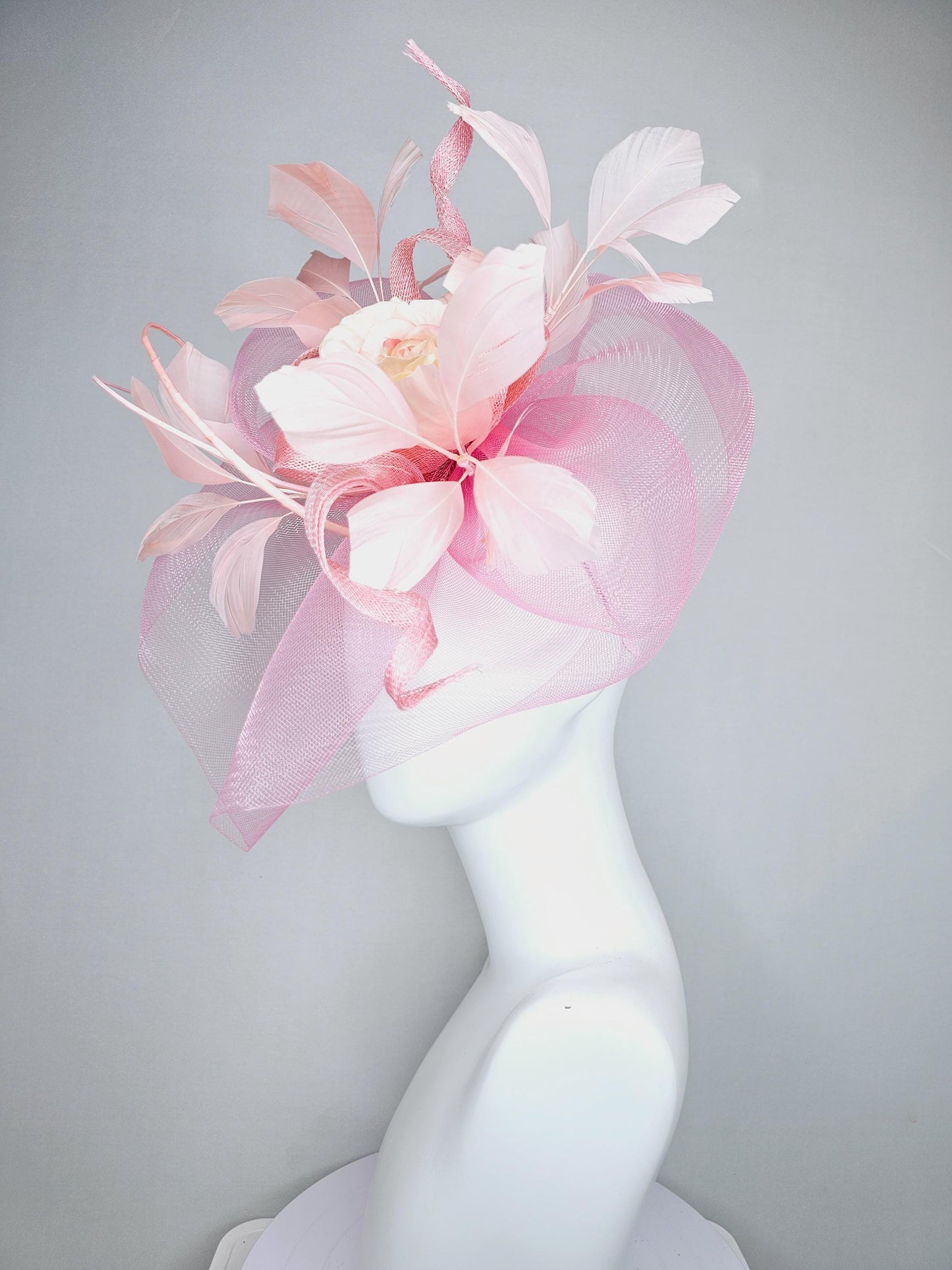 kentucky derby hat fascinator blush light pink branching feathers with light pink netting and satin organza taupe champagne rose flower