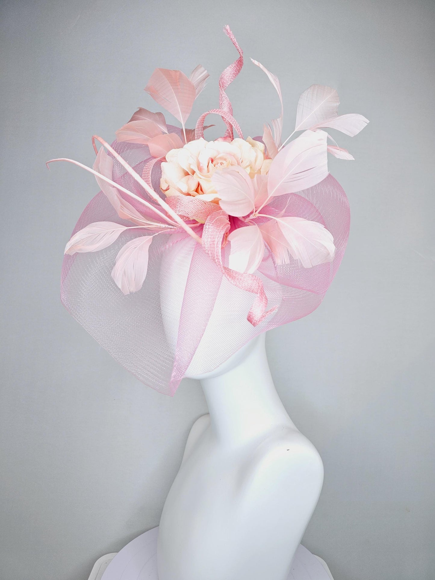 kentucky derby hat fascinator blush light pink branching feathers with light pink netting and satin organza taupe champagne rose flower