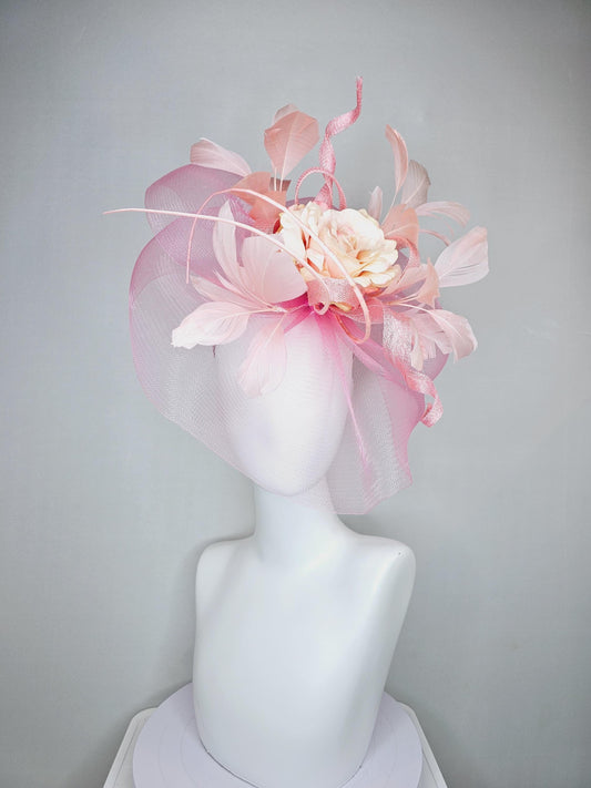 kentucky derby hat fascinator blush light pink branching feathers with light pink netting and satin organza taupe champagne rose flower