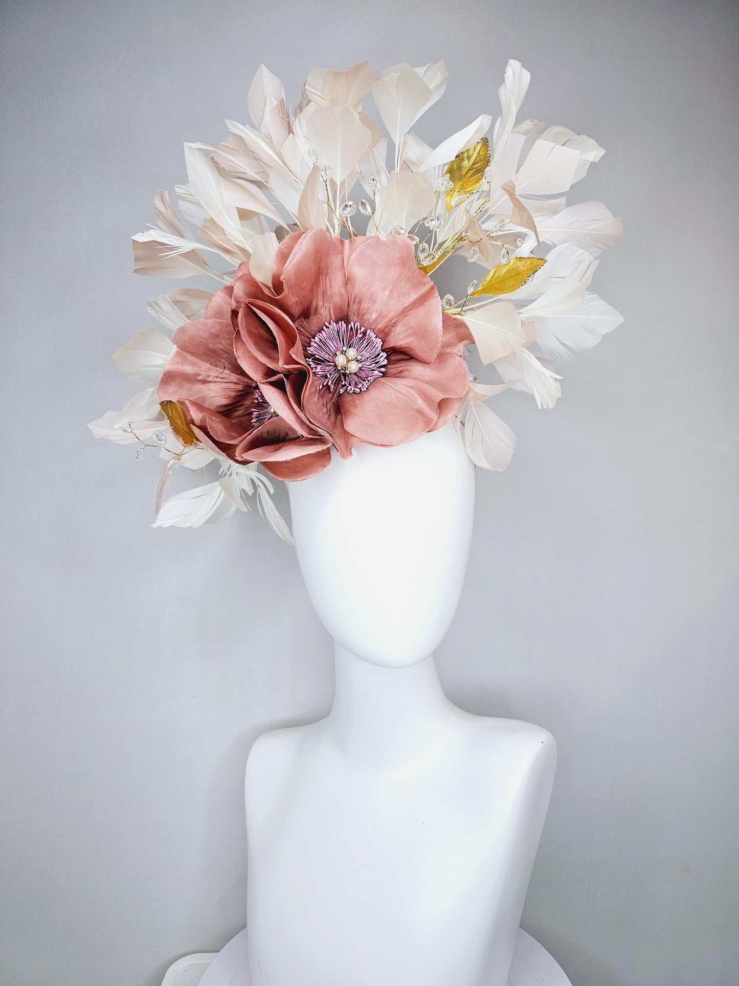 kentucky derby hat fascinator dusty rose gold pink flowers with pearls core and gold leaves, tear drop crystals stems and ivory feathers