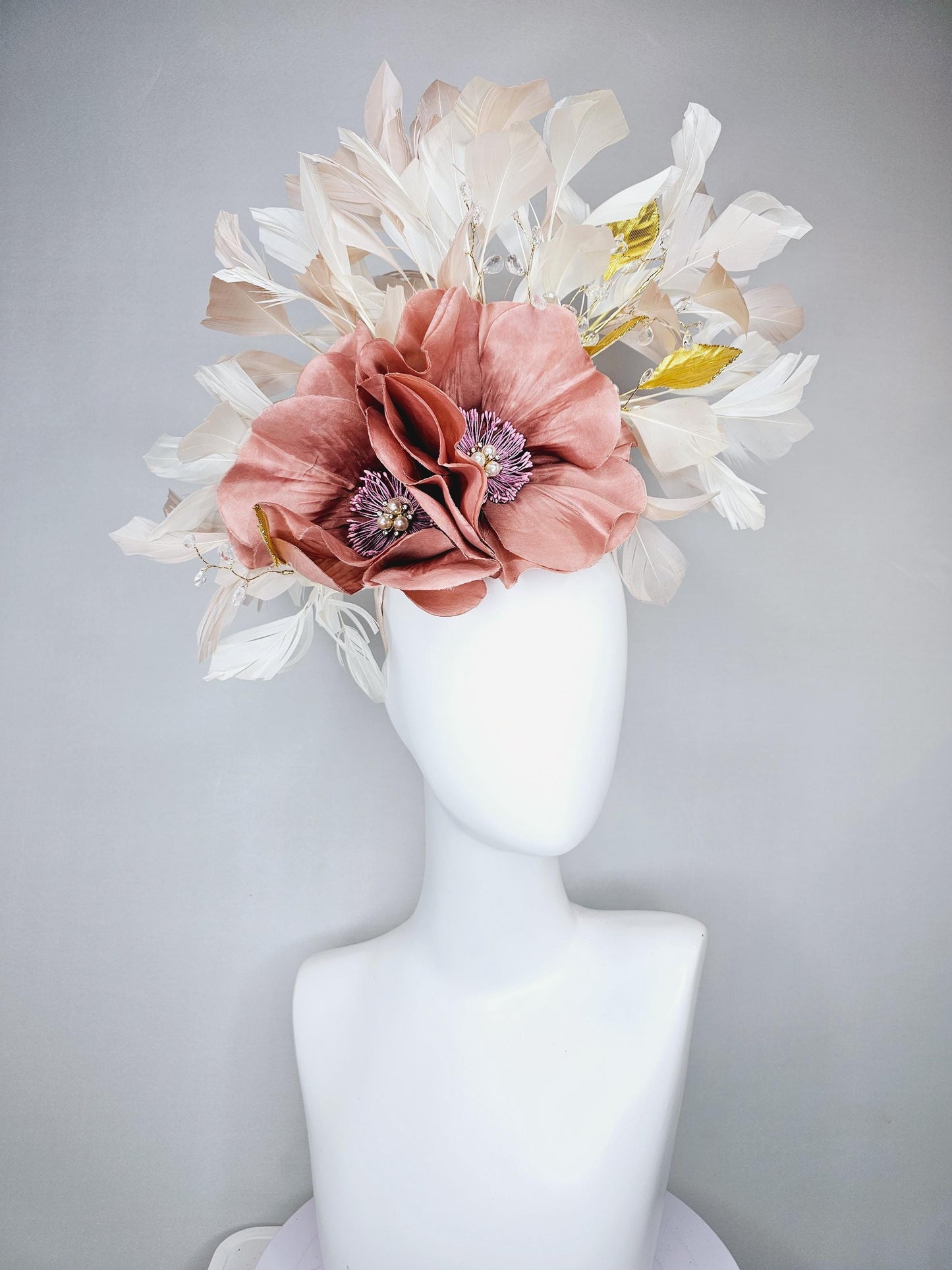 kentucky derby hat fascinator dusty rose gold pink flowers with pearls core and gold leaves, tear drop crystals stems and ivory feathers