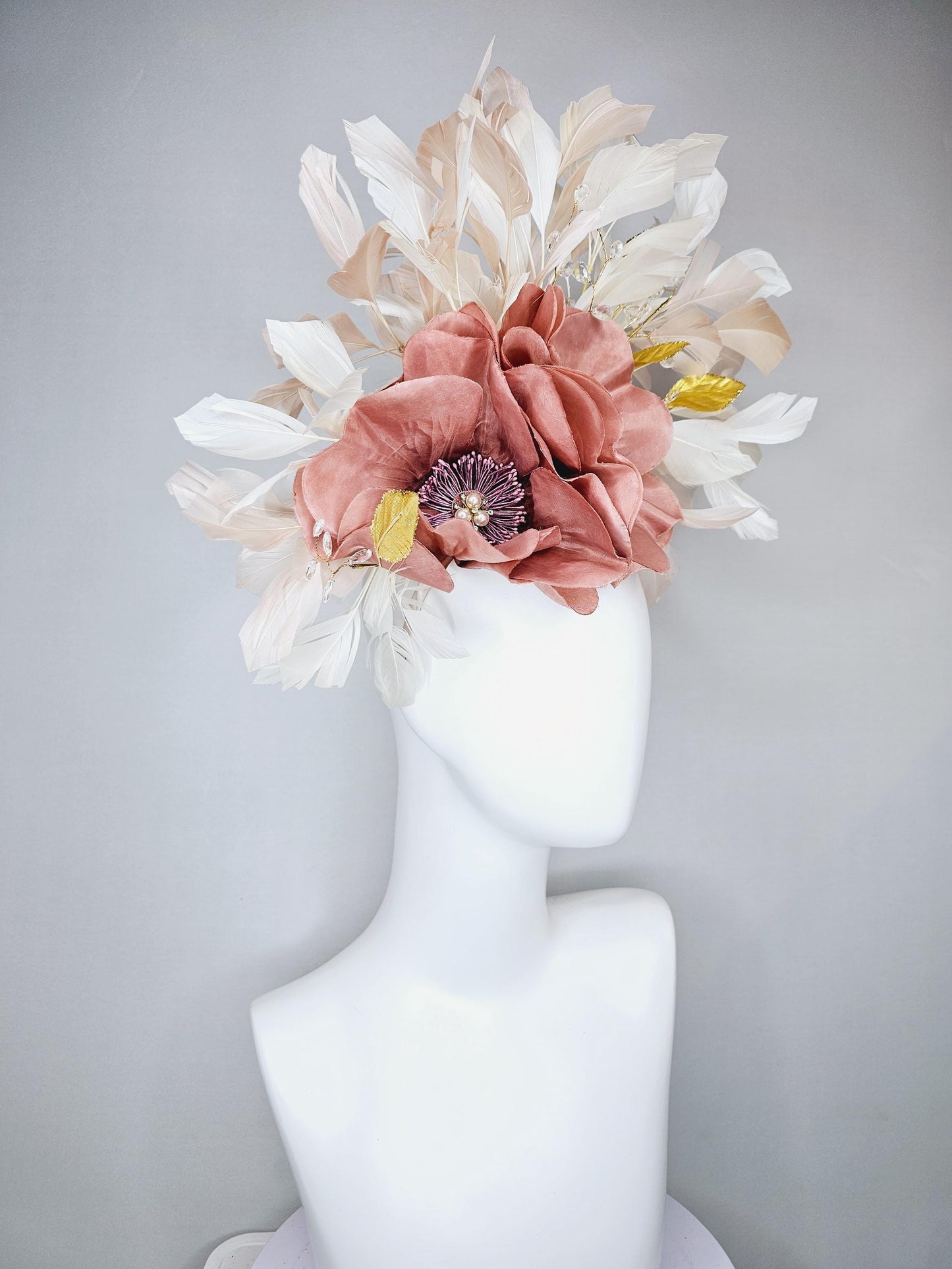 kentucky derby hat fascinator dusty rose gold pink flowers with pearls core and gold leaves, tear drop crystals stems and ivory feathers