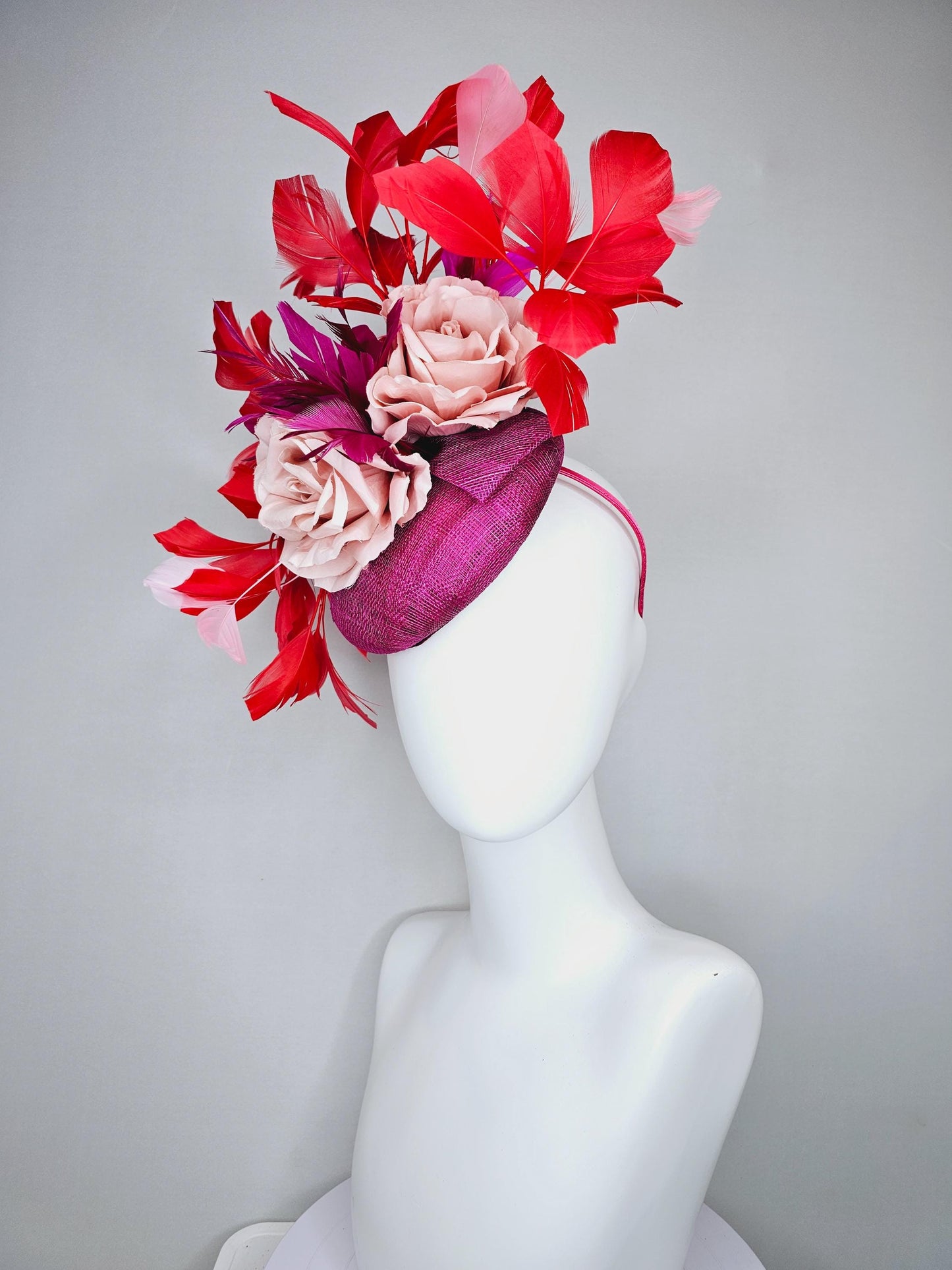 kentucky derby hat fascinator dark fuchsia purple sinamay, light pink satin organza rose flowers with red,pink,fuchsia branching feathers