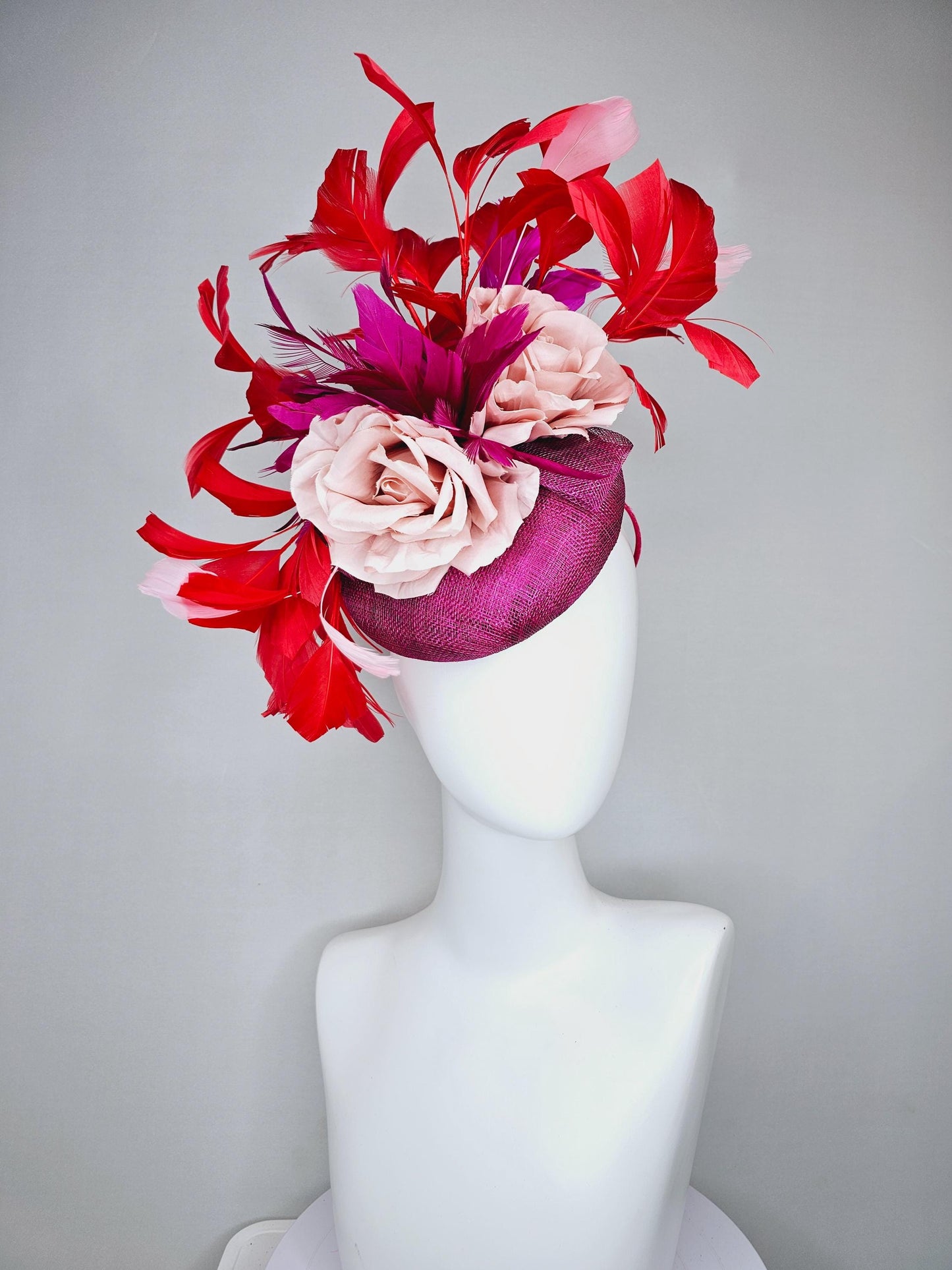 kentucky derby hat fascinator dark fuchsia purple sinamay, light pink satin organza rose flowers with red,pink,fuchsia branching feathers