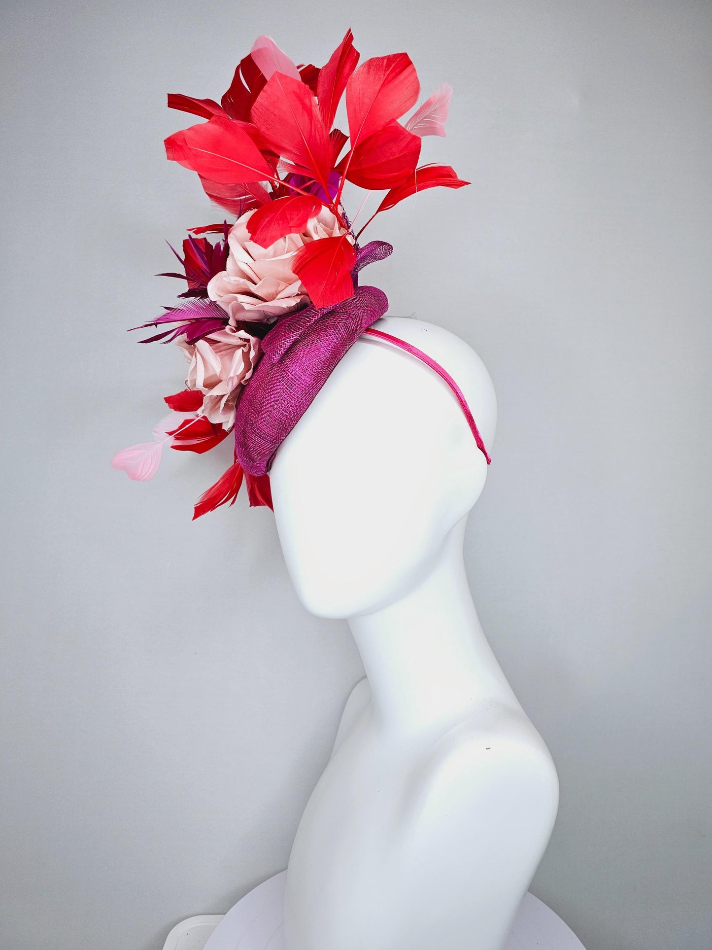 kentucky derby hat fascinator dark fuchsia purple sinamay, light pink satin organza rose flowers with red,pink,fuchsia branching feathers