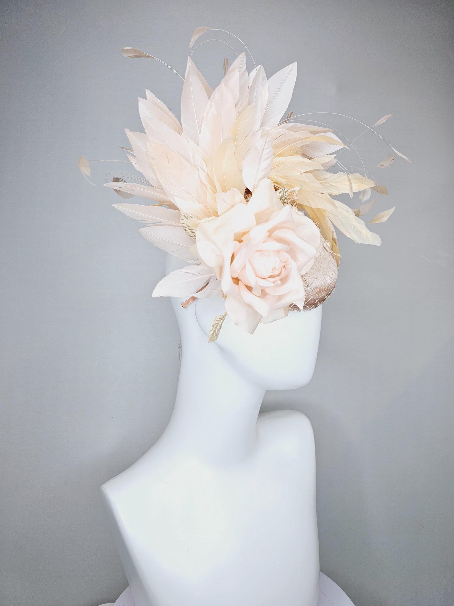 kentucky derby hat fascinator champagne beige satin with lace embroidery, champagne pink satin rose flower and light tan branching feathers