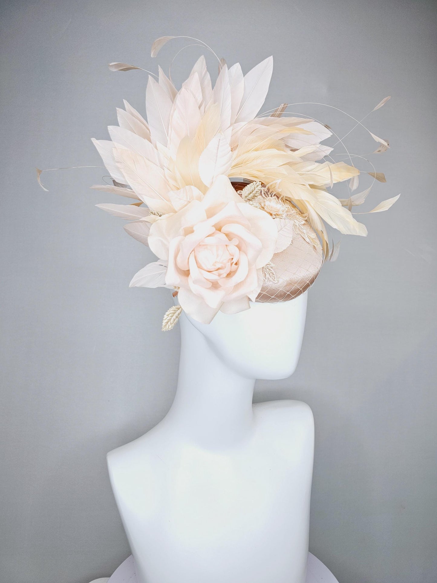 kentucky derby hat fascinator champagne beige satin with lace embroidery, champagne pink satin rose flower and light tan branching feathers