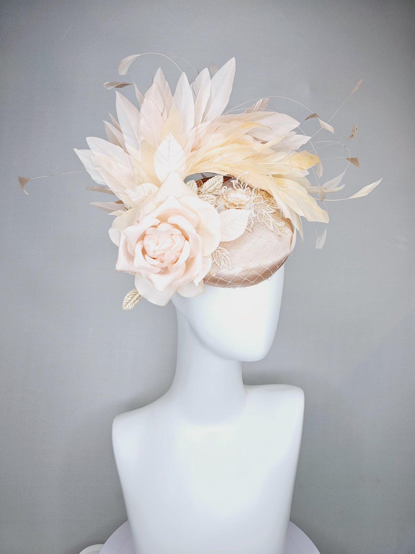 kentucky derby hat fascinator champagne beige satin with lace embroidery, champagne pink satin rose flower and light tan branching feathers