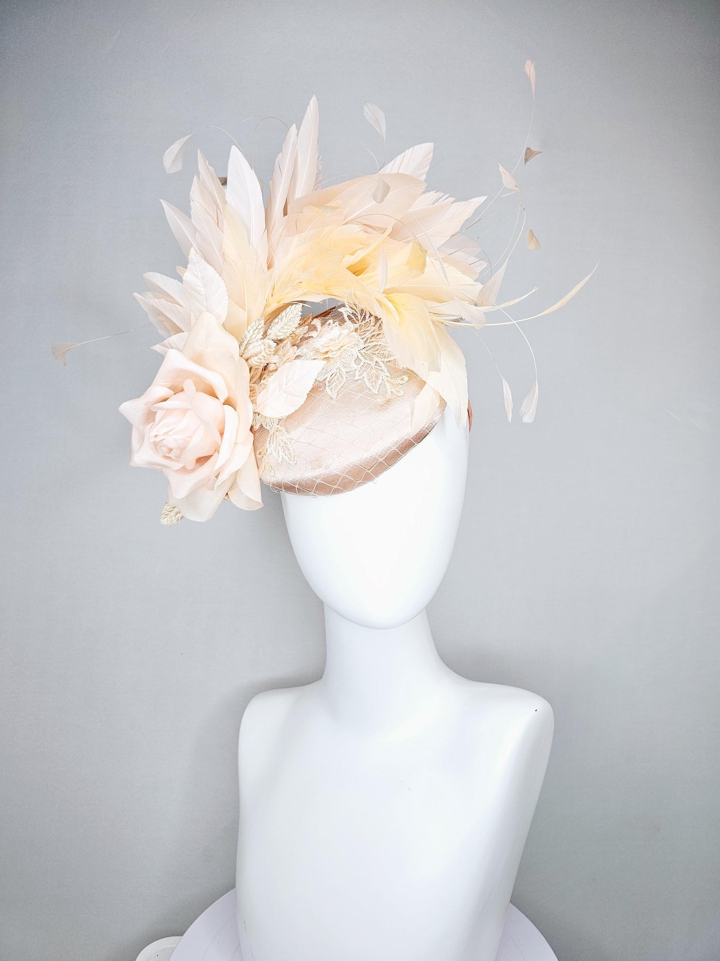 kentucky derby hat fascinator champagne beige satin with lace embroidery, champagne pink satin rose flower and light tan branching feathers