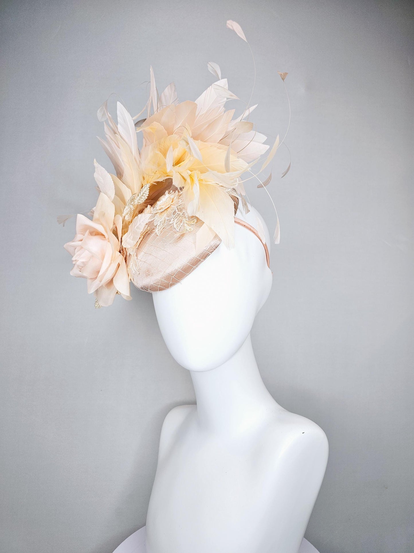 kentucky derby hat fascinator champagne beige satin with lace embroidery, champagne pink satin rose flower and light tan branching feathers