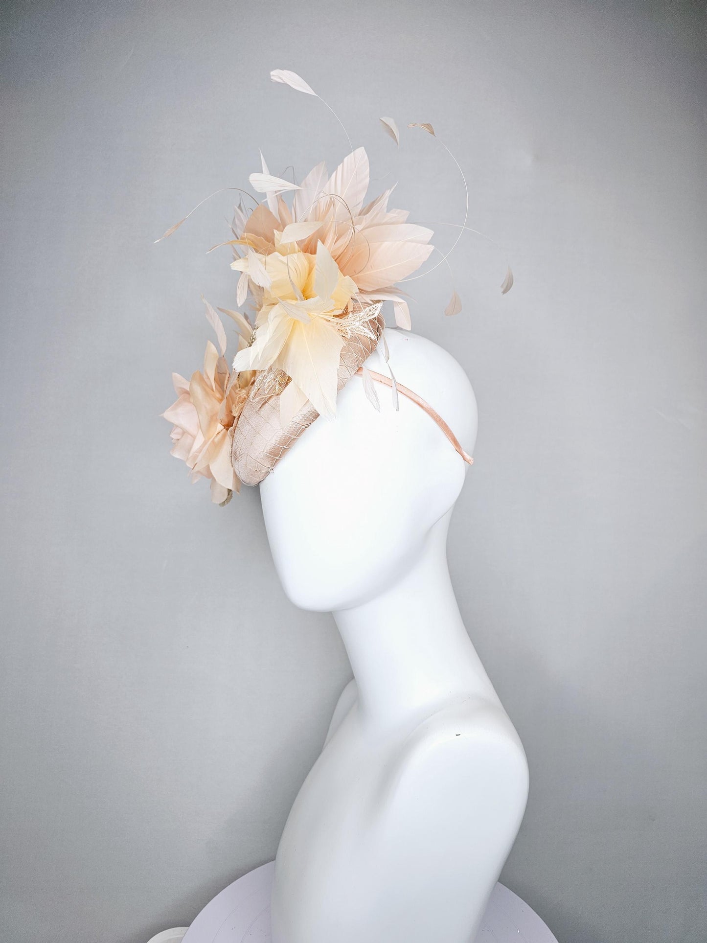 kentucky derby hat fascinator champagne beige satin with lace embroidery, champagne pink satin rose flower and light tan branching feathers