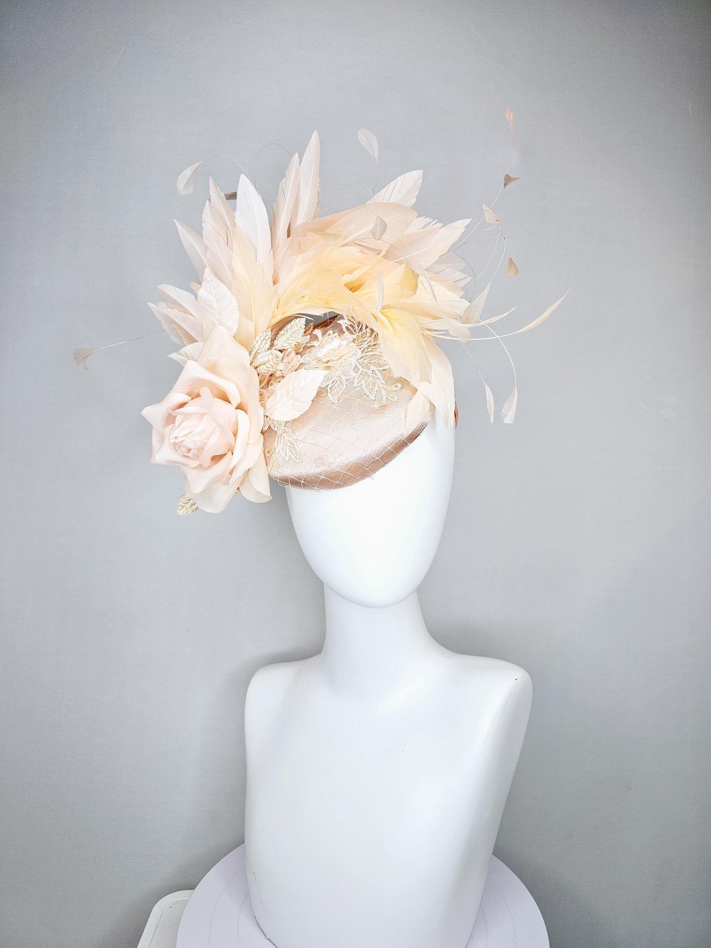 kentucky derby hat fascinator champagne beige satin with lace embroidery, champagne pink satin rose flower and light tan branching feathers