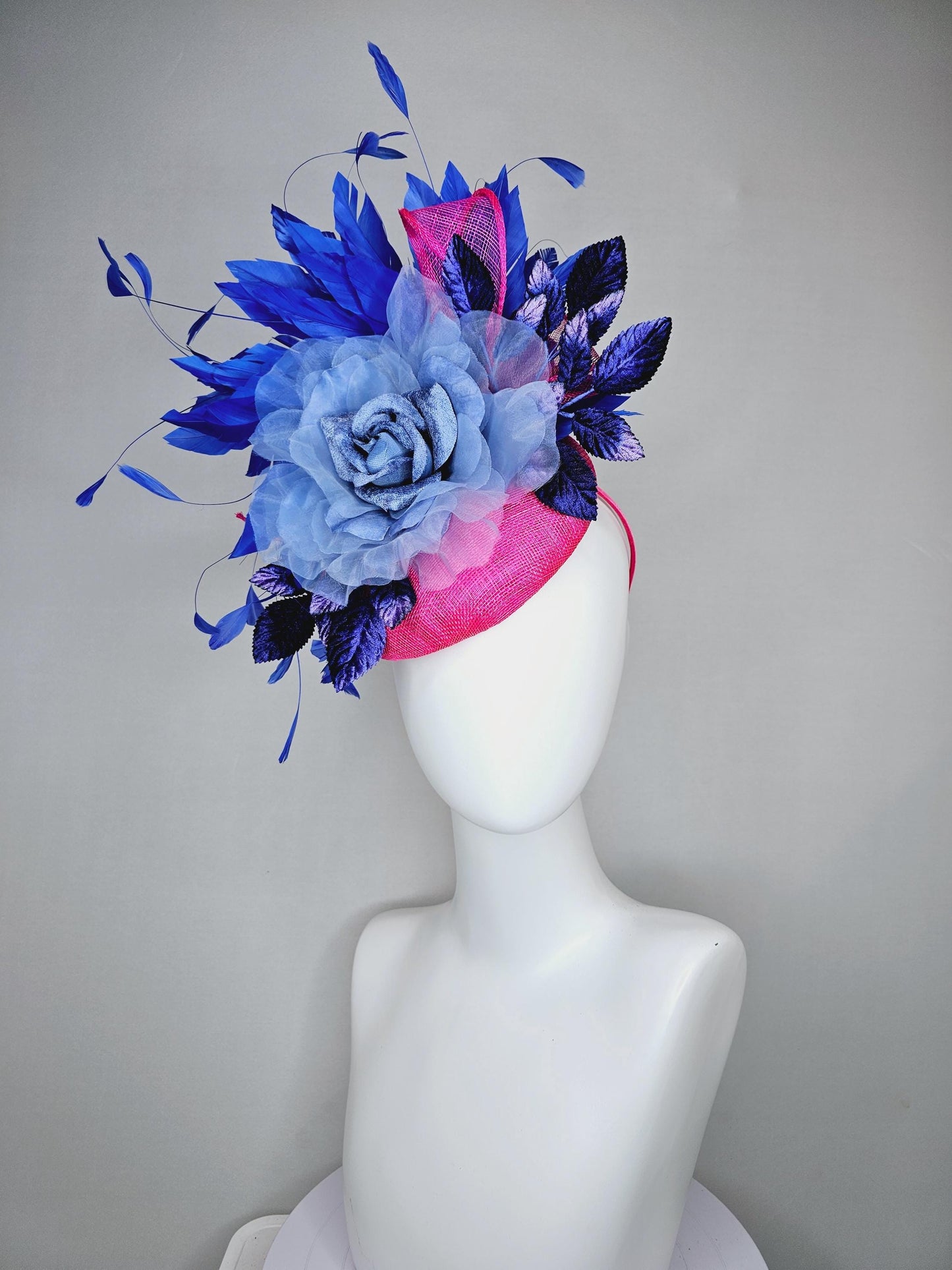 kentucky derby hat fascinator bright hot pink sinamay,light blue organza flower,branching royal blue feathers and blue ombre velvet leaves