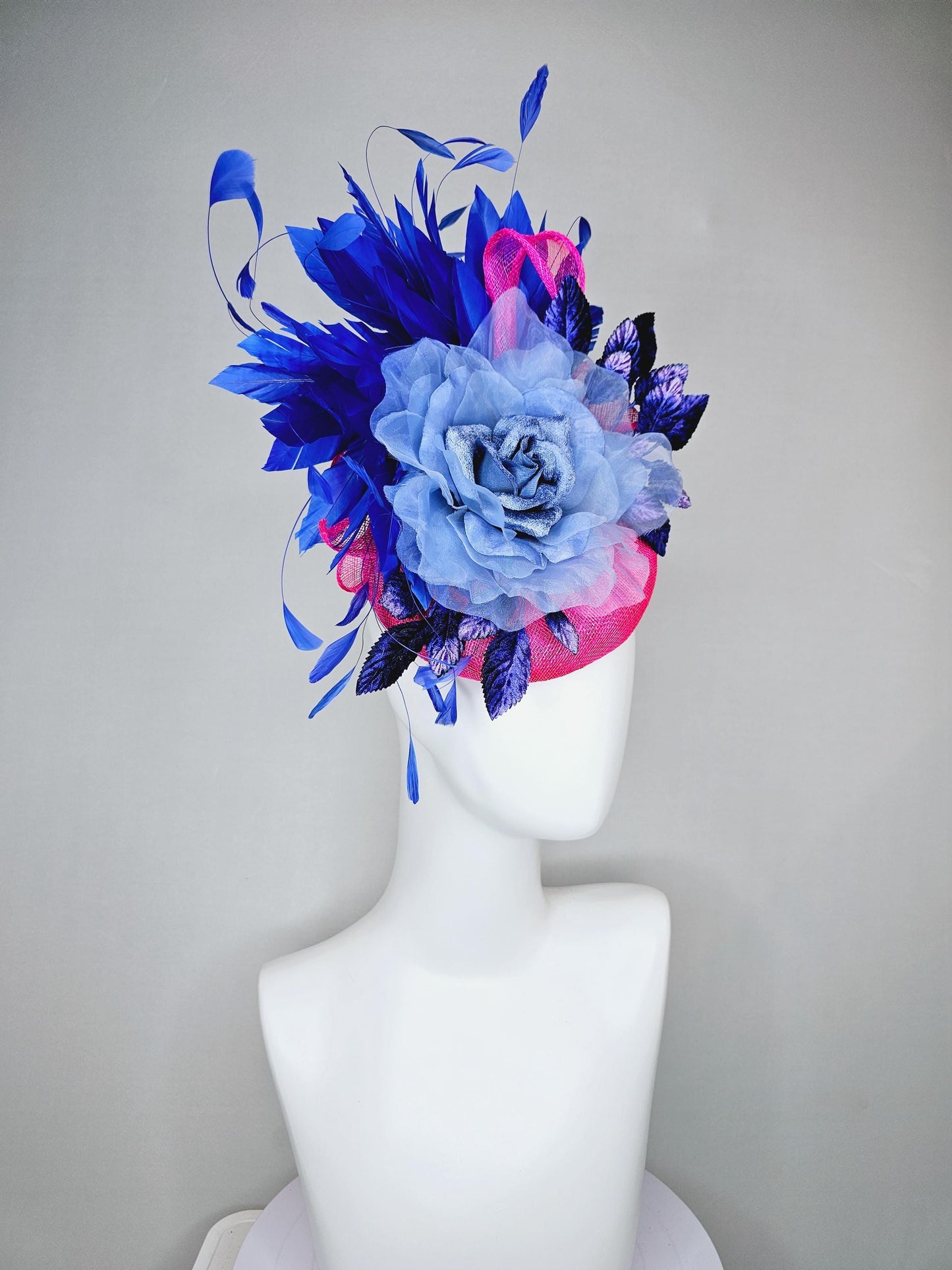 kentucky derby hat fascinator bright hot pink sinamay,light blue organza flower,branching royal blue feathers and blue ombre velvet leaves