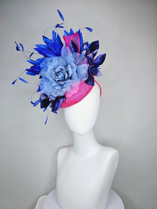 kentucky derby hat fascinator bright hot pink sinamay,light blue organza flower,branching royal blue feathers and blue ombre velvet leaves