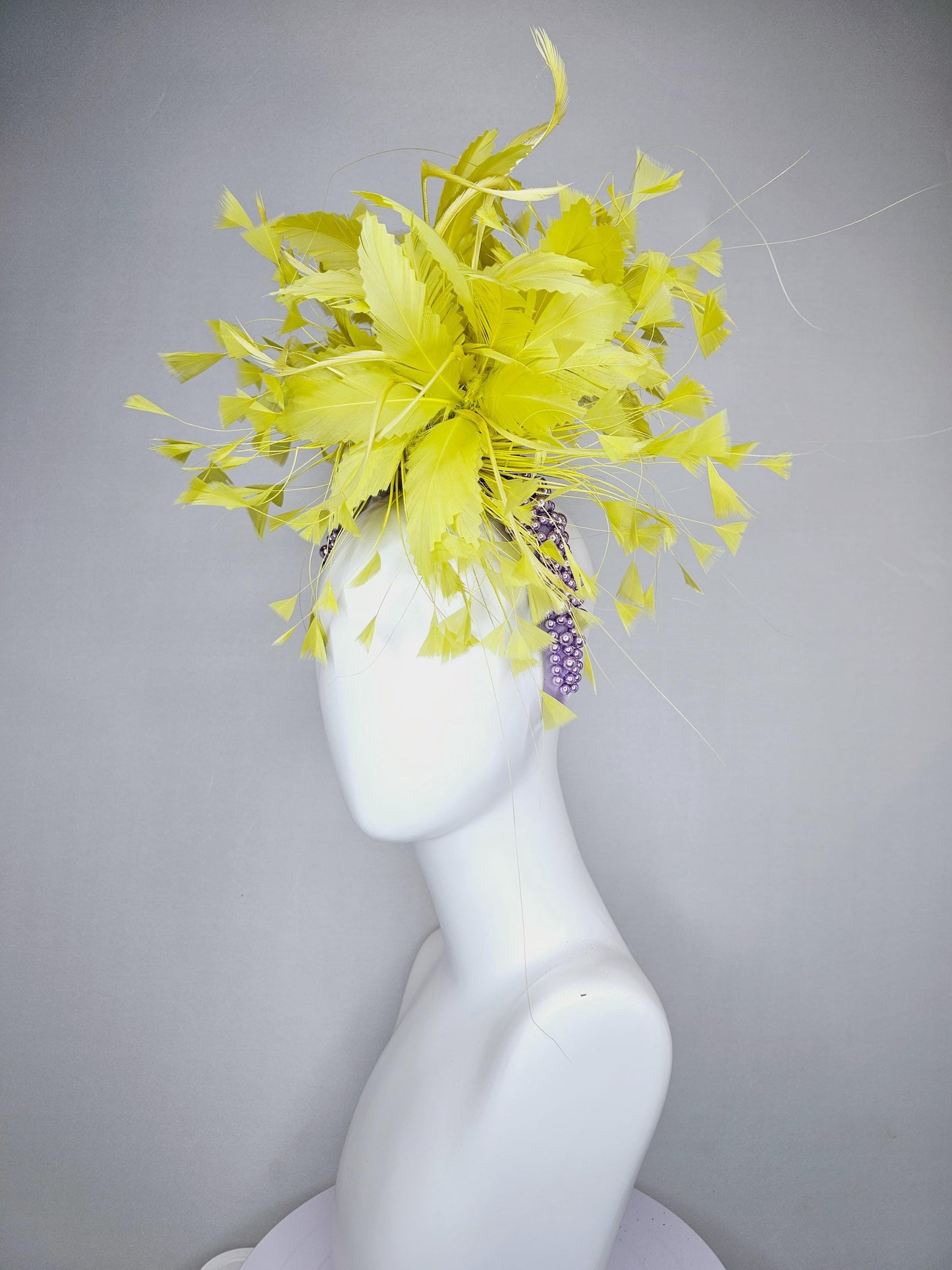 kentucky derby hat fascinator lavender purple pearl beaded headband with bright yellow feather flowers and branching yellow feathers