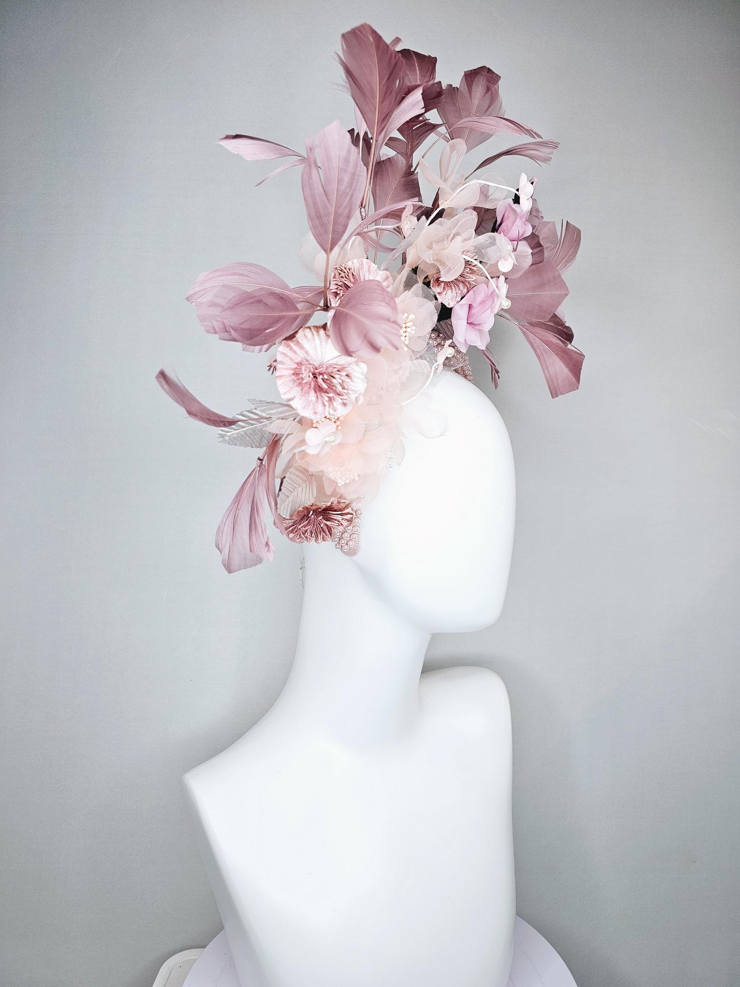 kentucky derby hat fascinator light pink pearl beaded headband with light pink organza,satin,silk flowers,silver leaves,blush pink feathers