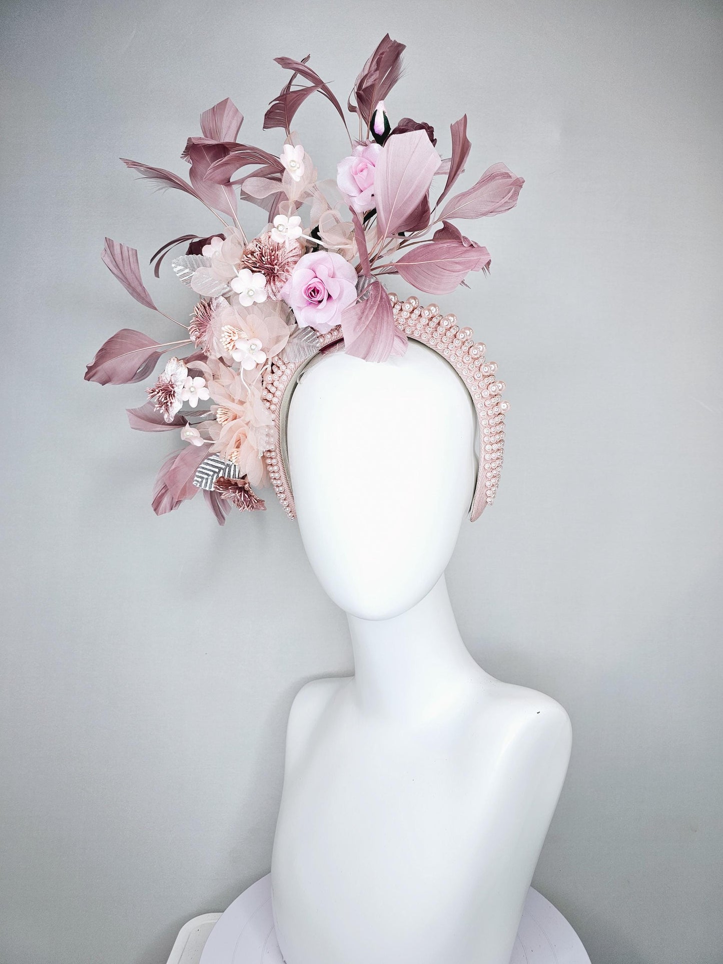 kentucky derby hat fascinator light pink pearl beaded headband with light pink organza,satin,silk flowers,silver leaves,blush pink feathers