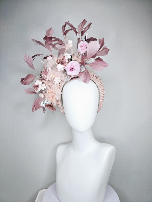 kentucky derby hat fascinator light pink pearl beaded headband with light pink organza,satin,silk flowers,silver leaves,blush pink feathers