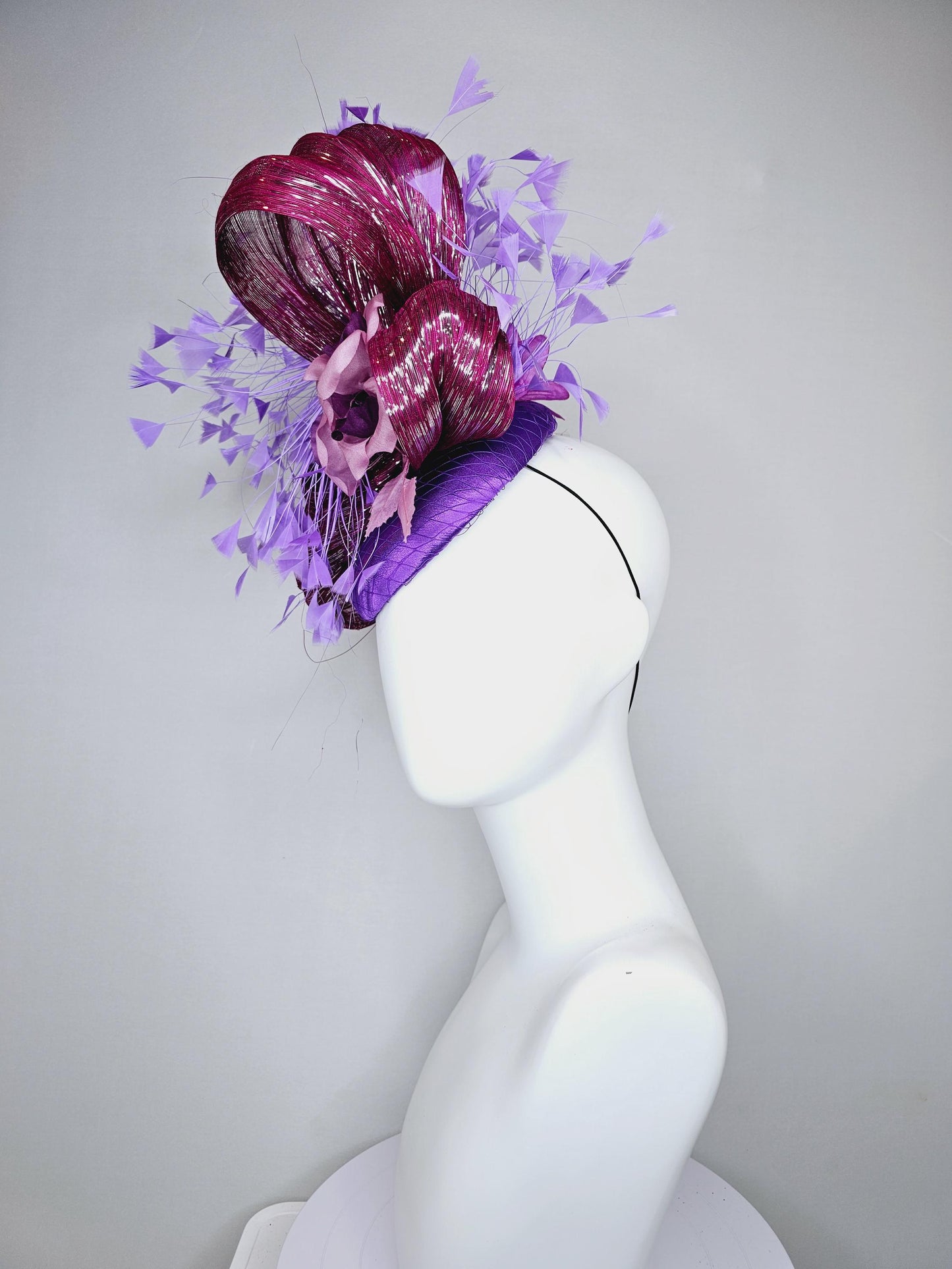 kentucky derby hat fascinator purple satin with branching purple feathers,dusty pink silk flowers leaves,with mulberry purple metallic silk