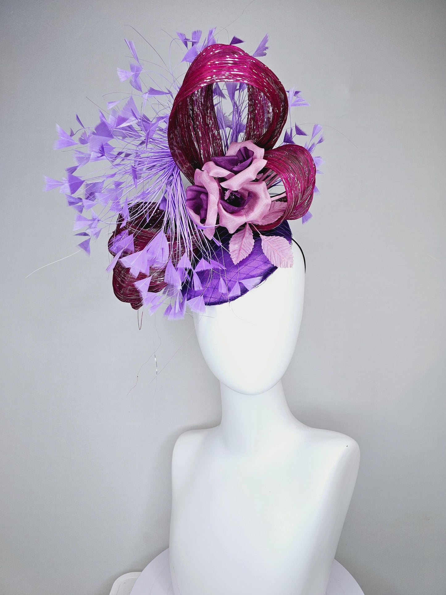 kentucky derby hat fascinator purple satin with branching purple feathers,dusty pink silk flowers leaves,with mulberry purple metallic silk