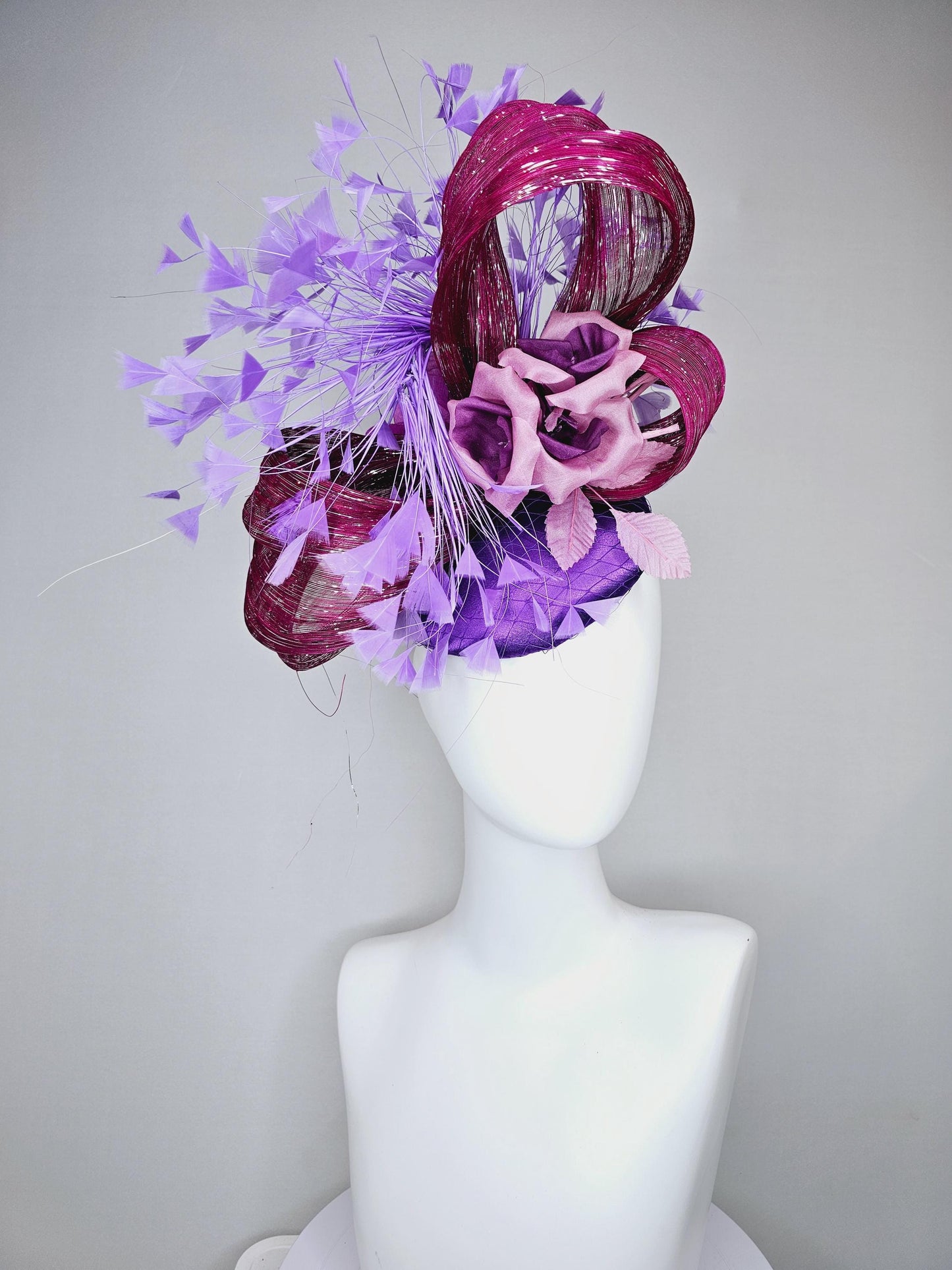 kentucky derby hat fascinator purple satin with branching purple feathers,dusty pink silk flowers leaves,with mulberry purple metallic silk