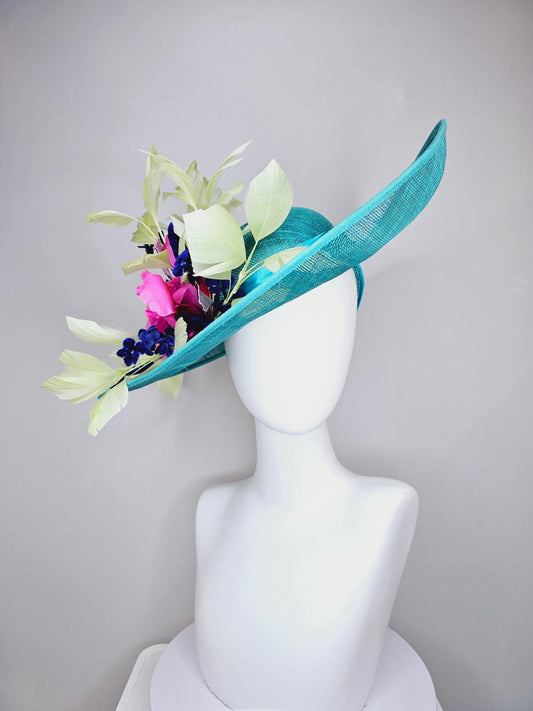 kentucky derby hat large wide brim sinamay turquoise blue hat hot pink silk flowers,mint green feathers,purple leaves navy blue flower stems