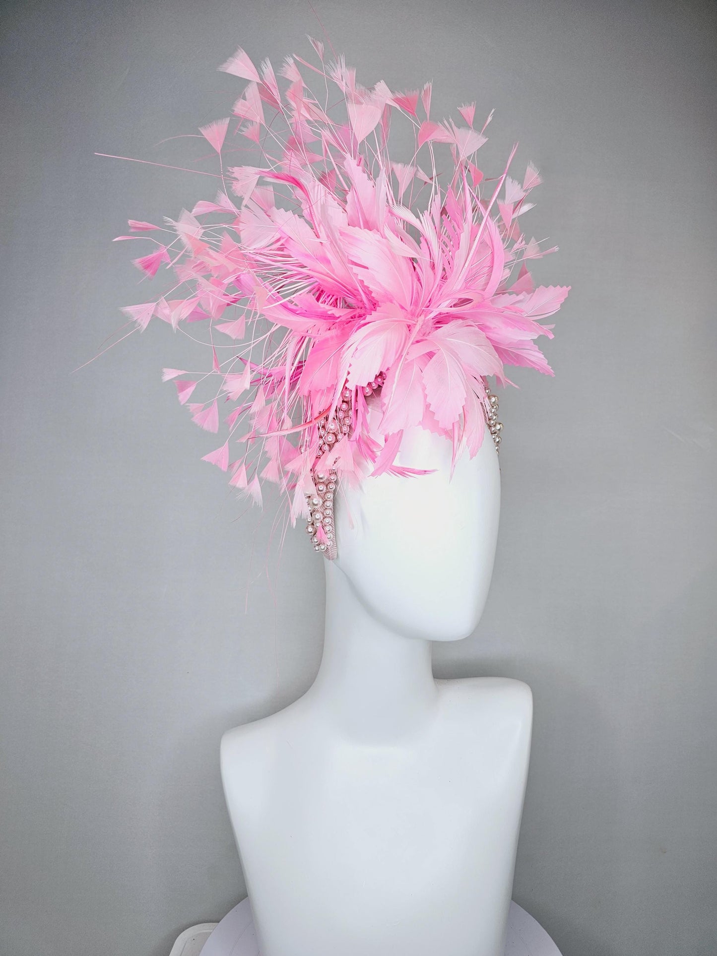 kentucky derby hat fascinator light pink champagne pearl beaded headband with baby pink feather flower and pink branching feathers