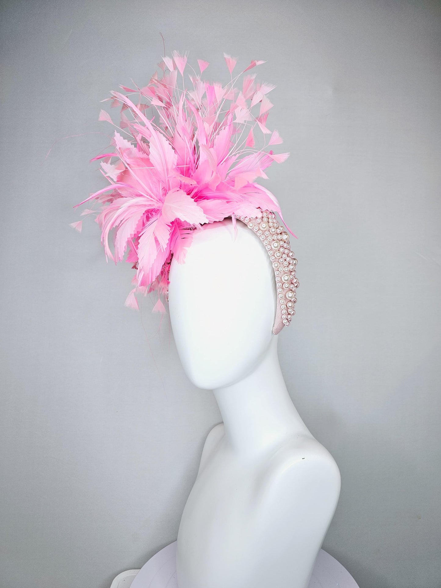 kentucky derby hat fascinator light pink champagne pearl beaded headband with baby pink feather flower and pink branching feathers