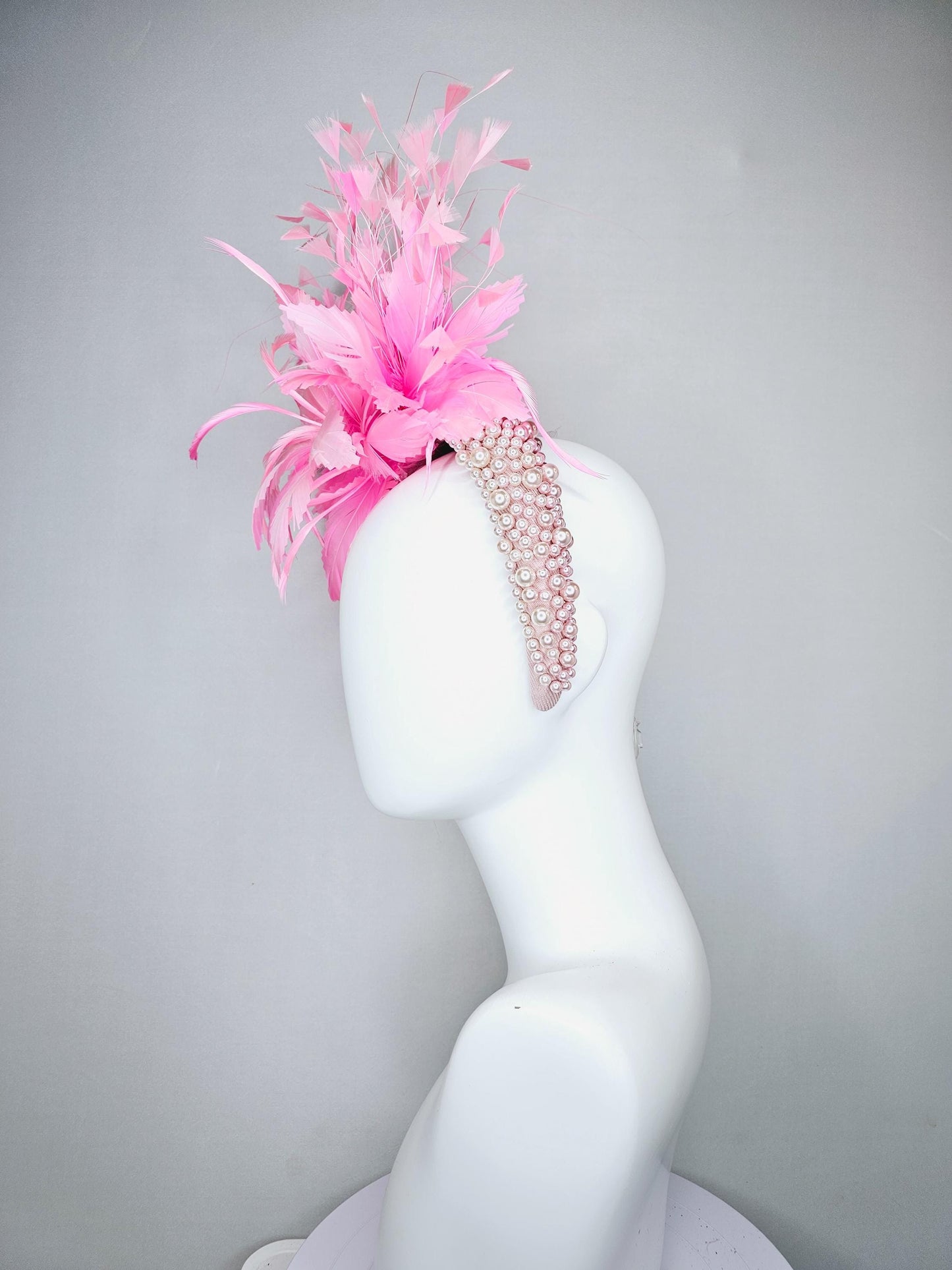 kentucky derby hat fascinator light pink champagne pearl beaded headband with baby pink feather flower and pink branching feathers