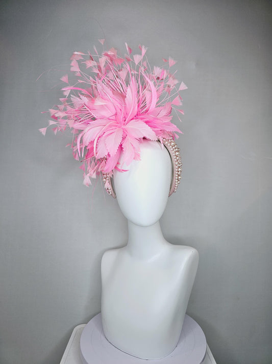 kentucky derby hat fascinator light pink champagne pearl beaded headband with baby pink feather flower and pink branching feathers