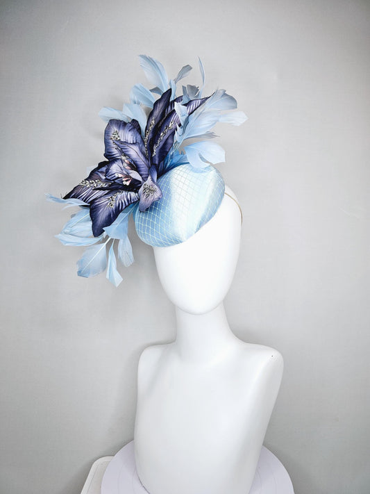 kentucky derby hat fascinator light baby blue satin with ombre navy blue silk crystal embroidered flower,branching baby light blue feathers